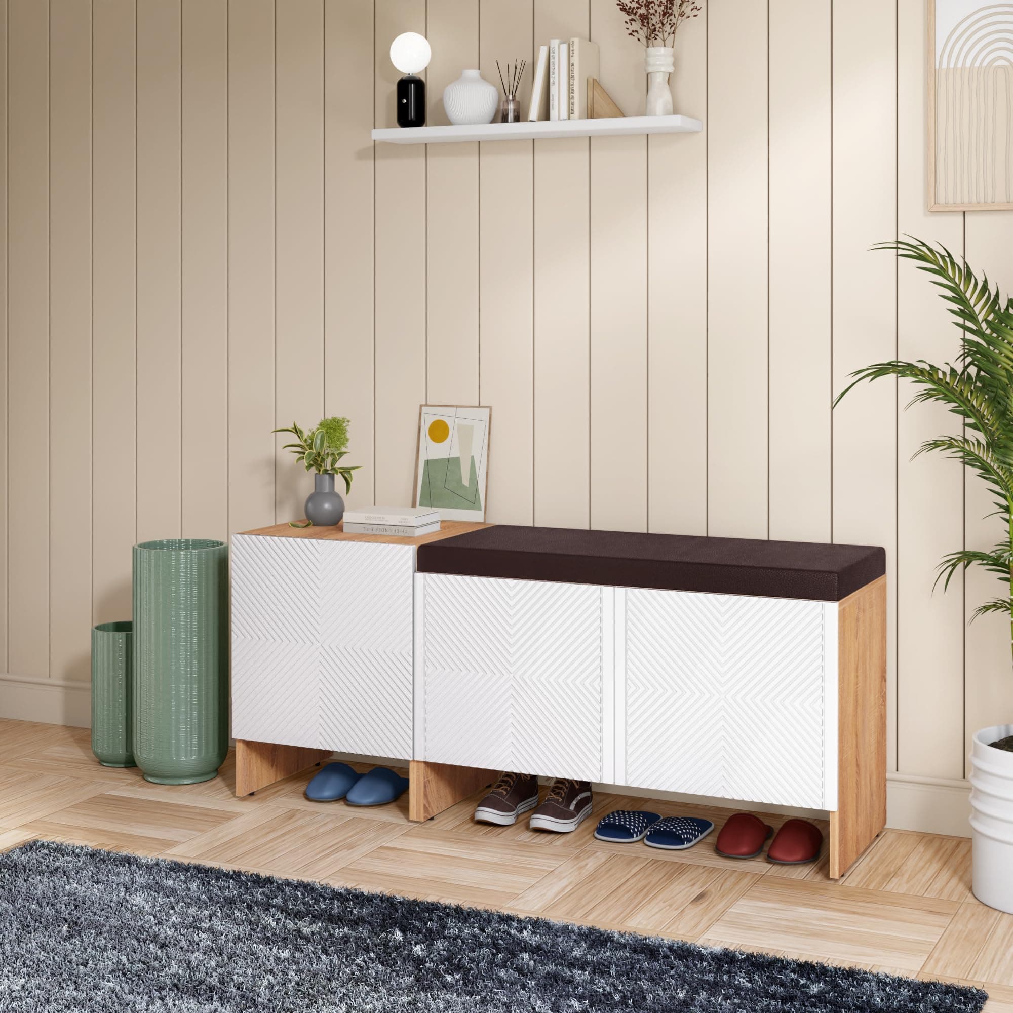Rocco Trudo Shoe Cabinet | Engineered Wood Shoe Rack with Soft-Close Doors & Adjustable Shelf | Scratch Resistant Matte Finish | Modular Design for Hallway & Bedroom (6 Pair + 12 Pair Seat Cabinet)