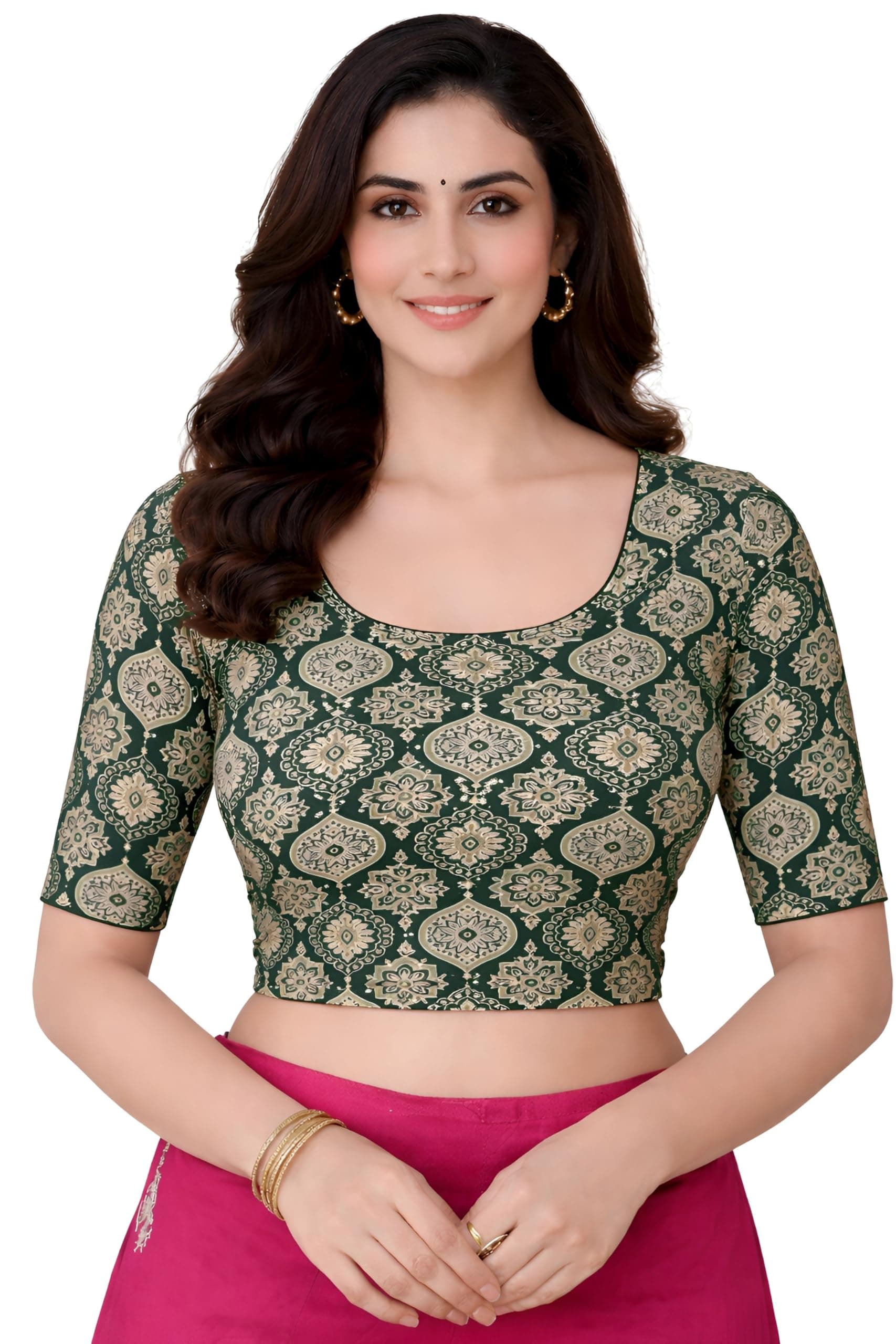 Amazon Brand - Anarva Women's Kalamkari Print Cotton Stretchable Round Neck Readymade Saree Blouse