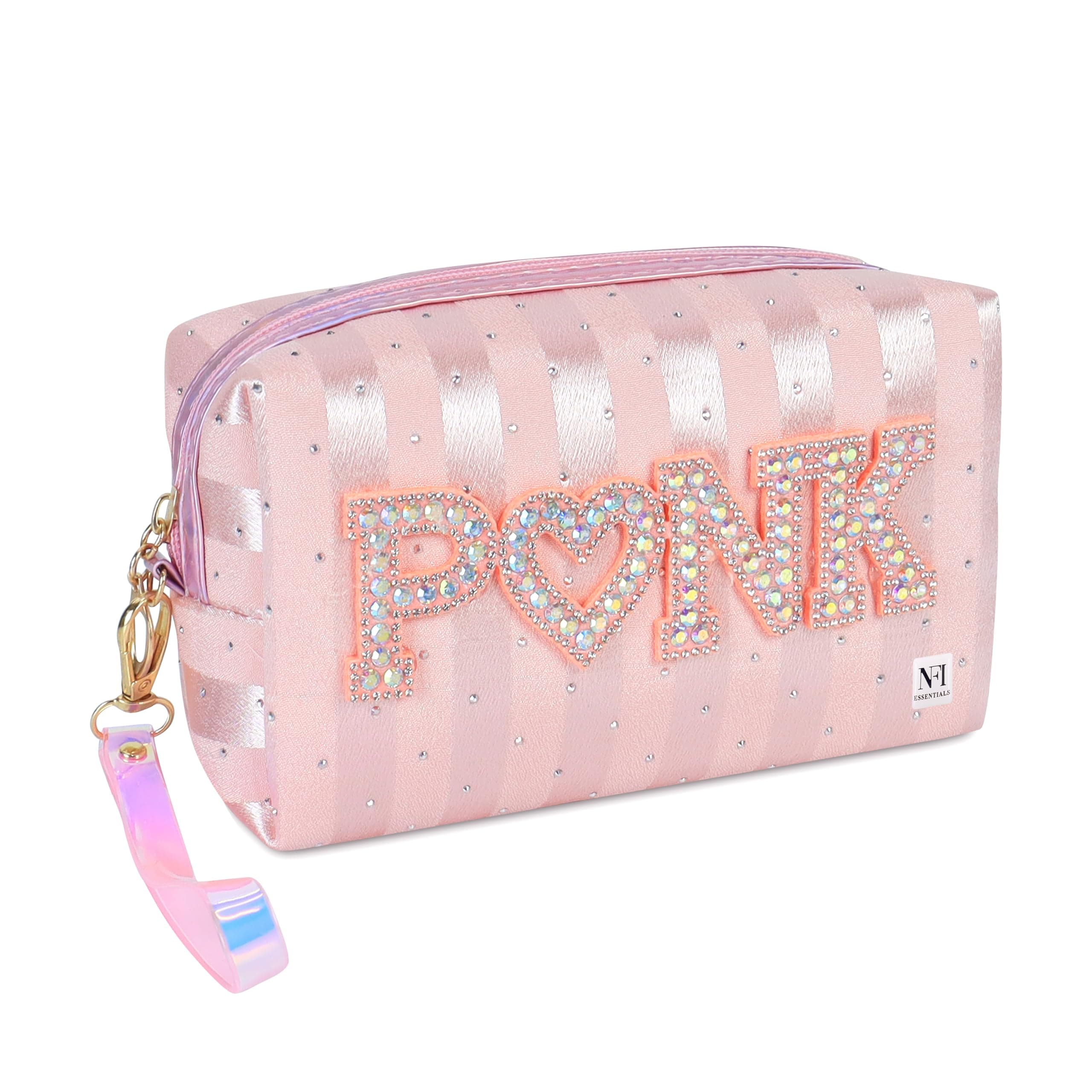 NFI essentials Makeup Pouch Cosmetic Pouch Vanity Case Jewellery Pouch Stationery Pencil Case Travel Organiser Travel Pouch Bag with Detachable Handle (Pink)