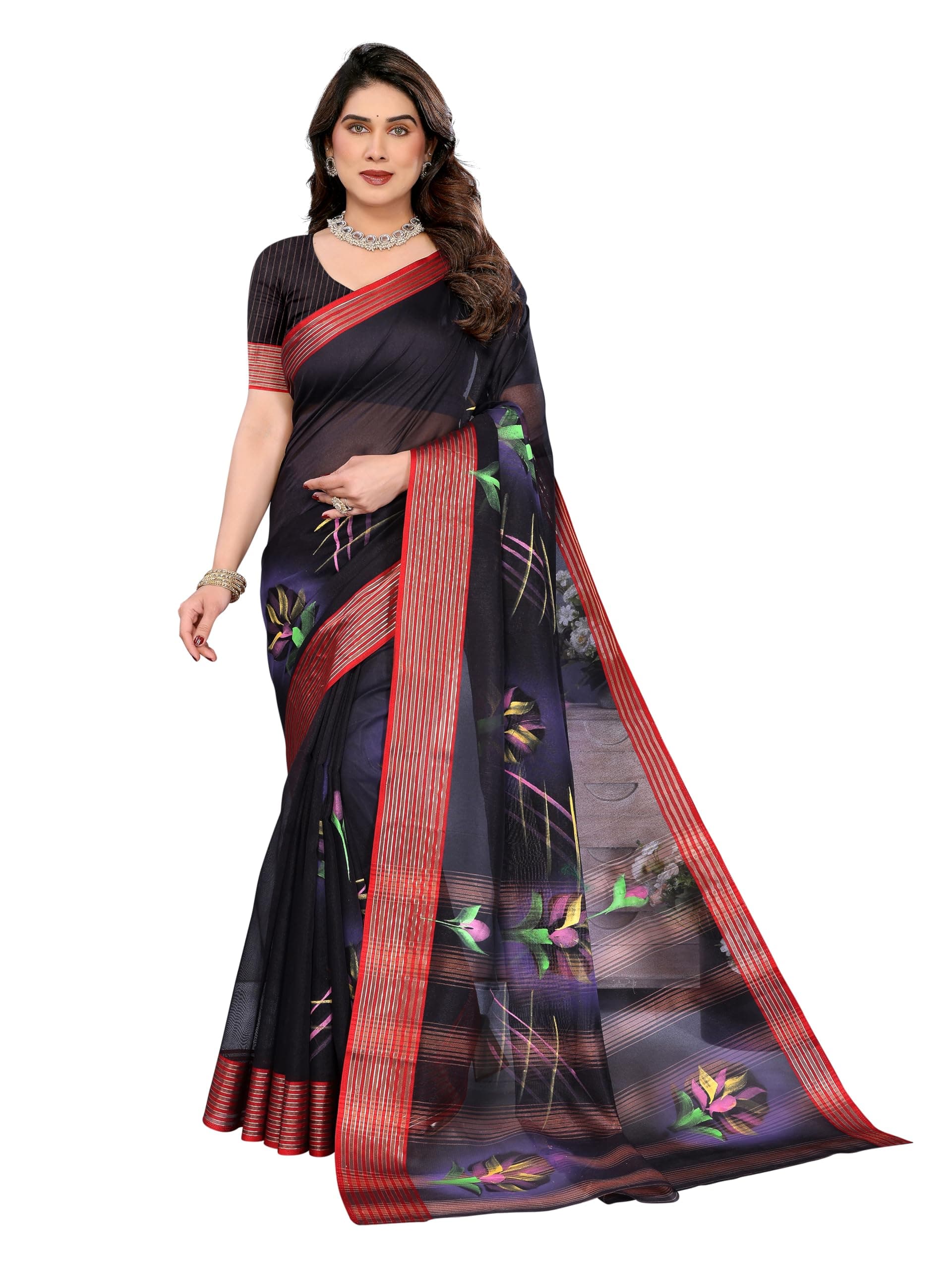 Sidhidata Women's Chanderi Cotton Hand Brush Printed Saree With Unstitched Blouse Piece (Brush)