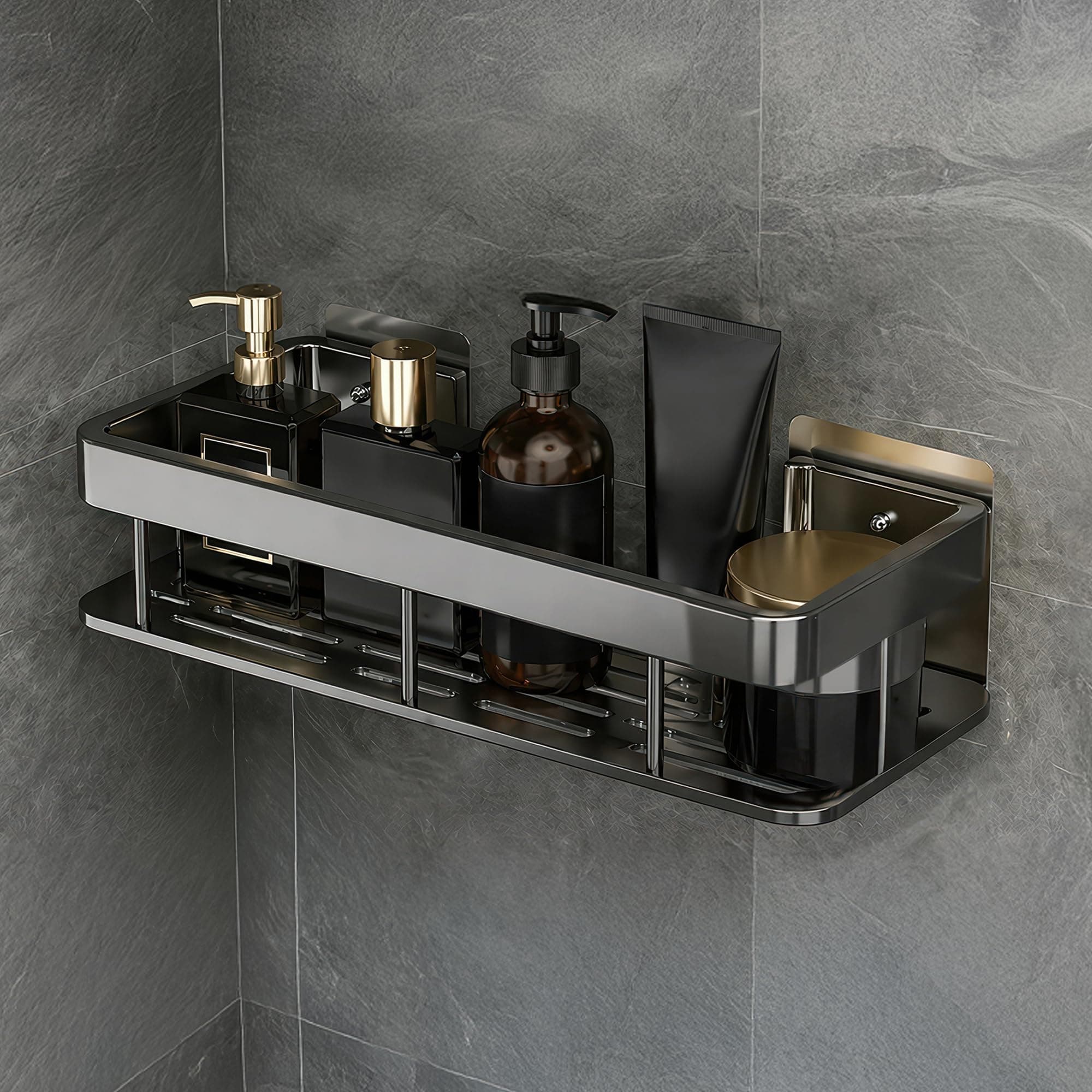 amazon basics Self Adhesive Bathroom Shelf for Wall, Bathroom Organiser Without Drill, Rust Resistant Wall Mounted Bathroom Rack for Shampoo, Soap & Toiletries, Black, Pack of 1