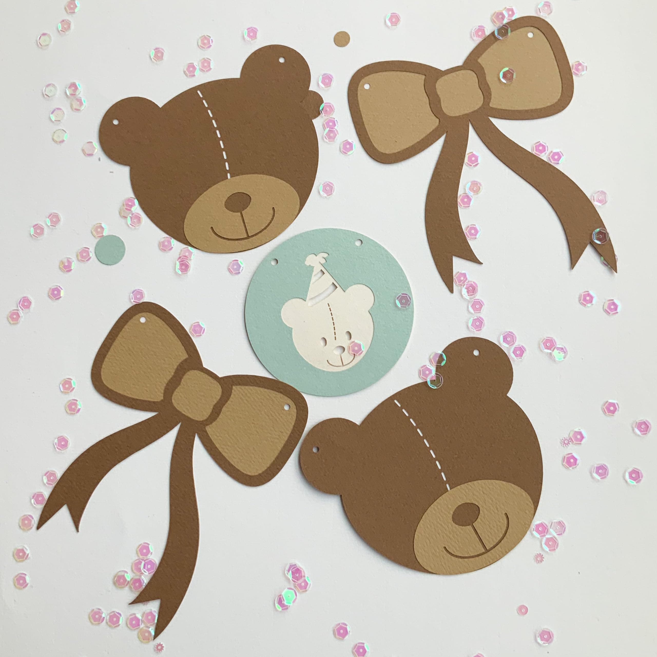 Pinfliers Teddy Bear Theme Paper Bunting, A Set of 20 Pieces, Brown, Cream and Mint, 74 inch in Length