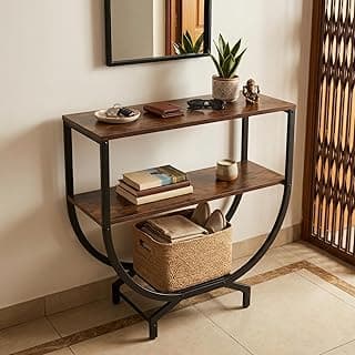 Modern Console Table for Entryway, Brown Wood Finish Top with Black Metal Frame | Narrow Console Table with Storage Shelf | Wooden MDF Console Tables for Living Room, Bedroom & Home Decor | DIY