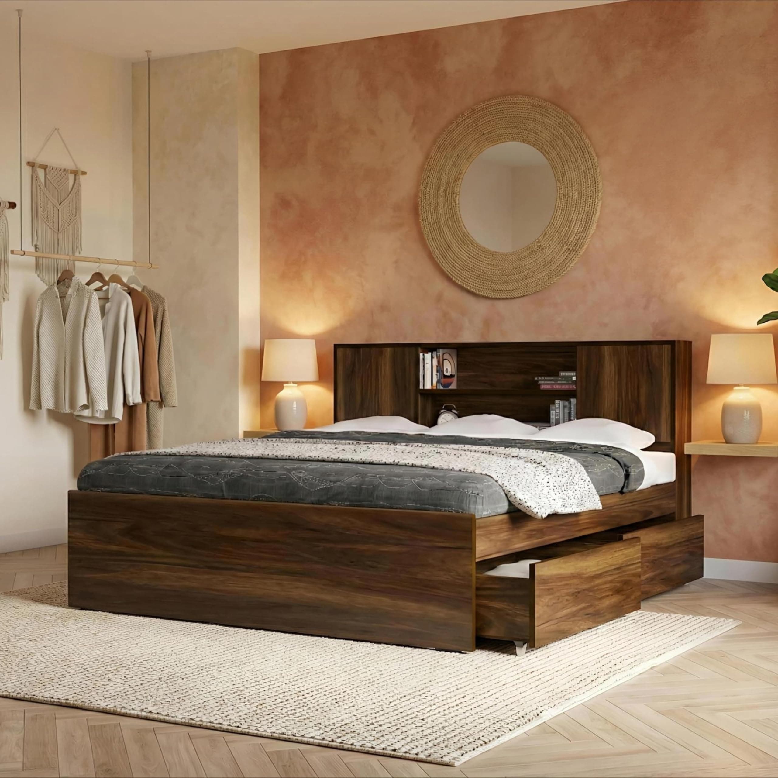 The M M Furniture Store Euro Queen Size Bed with Headboard, Box Storage & Dual Side Drawer Storage – 60x78