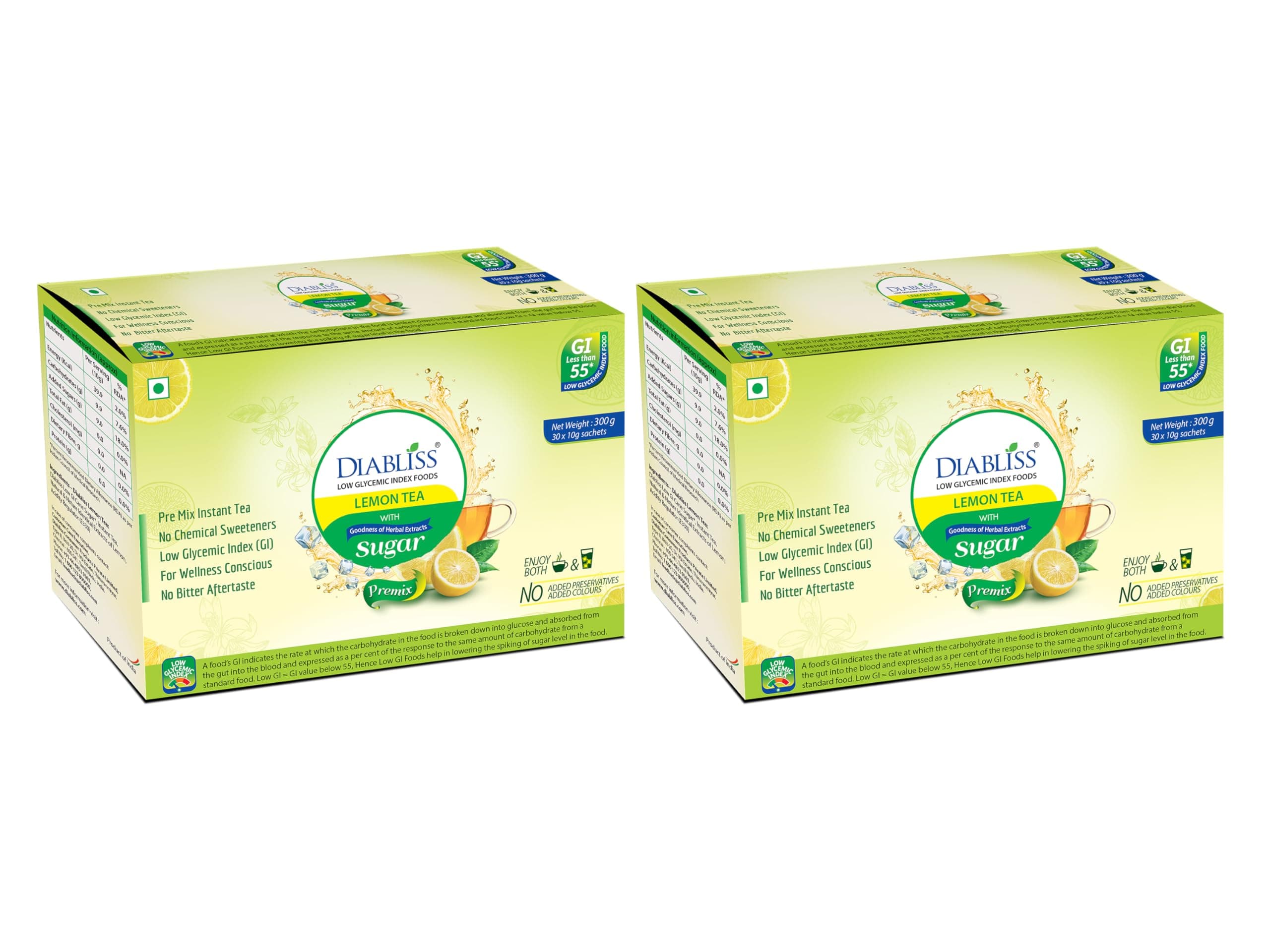 Diabliss Herbal Wellness Lemon Tea 30 x 10g Sachet Box - Pack of 2 | Low GI Instant Lemon Tea with 17 Herbs & Spices | Natural Lemon Flavour | No Artificial Additives | Easy-to-Prepare Tea Premix