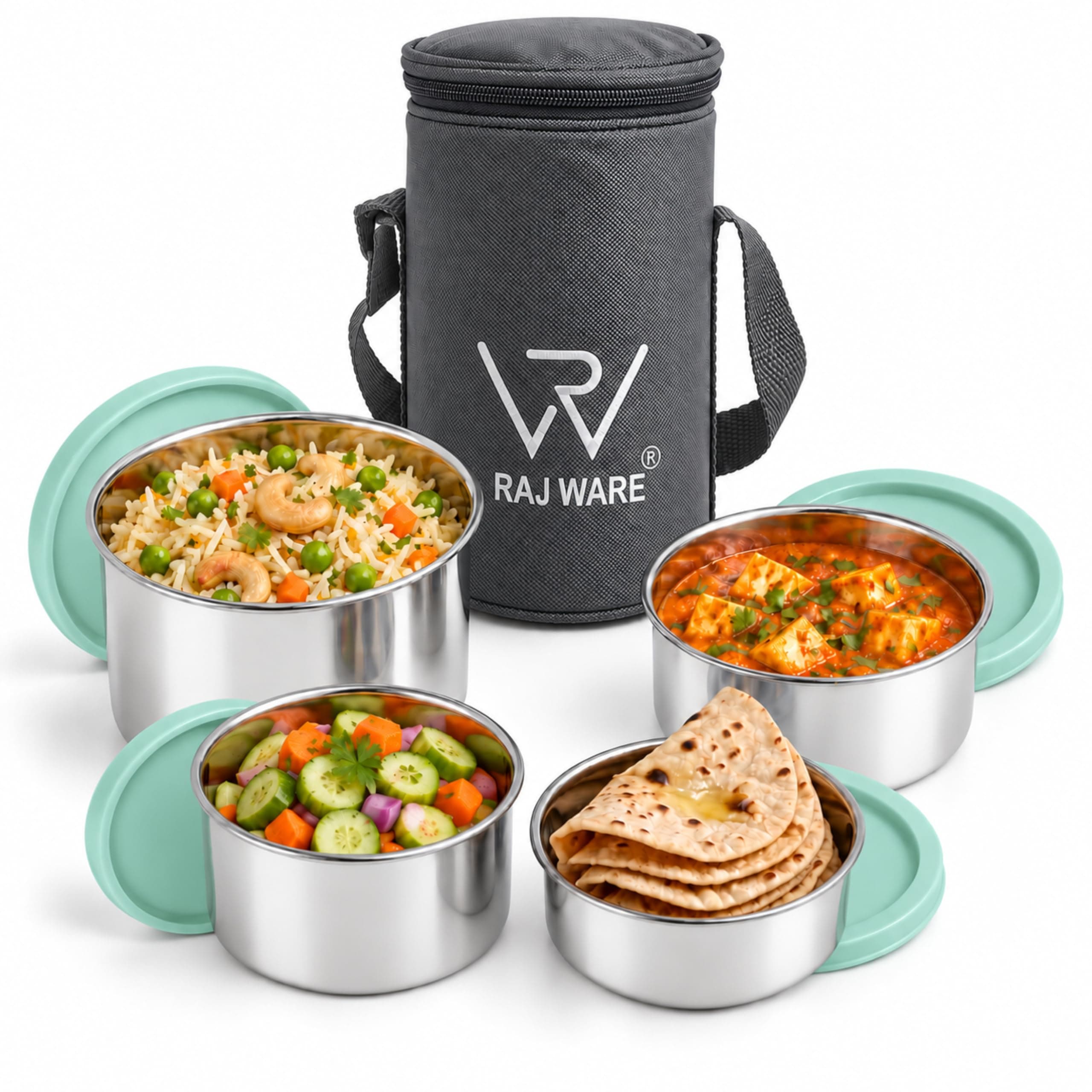 Galaxy Stainless Steel Lunch Box Set with Carry Bag, 4 Round Food Containers 500ml + 350ml x2 + 250ml, Leak Resistant Tiffin Box for Office, School, College, Travel & Daily Use, Reusable, Green