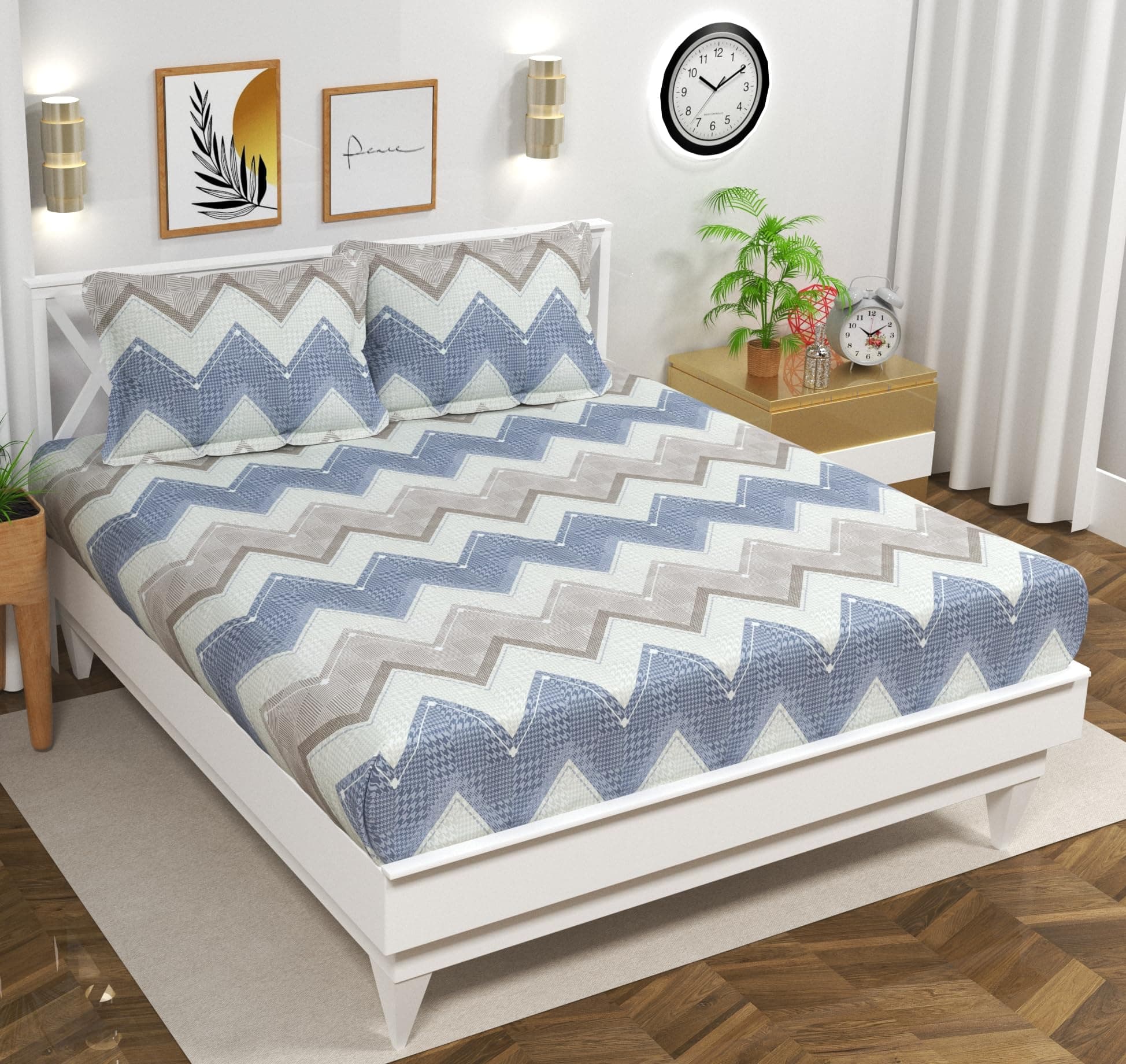 BSB HOME 100% Cotton Feel Double Bed Bedsheet Set | 144 TC Soft & Breathable | Beige Pink and Grey Wave Print with 2 Pillow Covers | Wrinkle Free | for Bedroom (90 x 90 Inches)