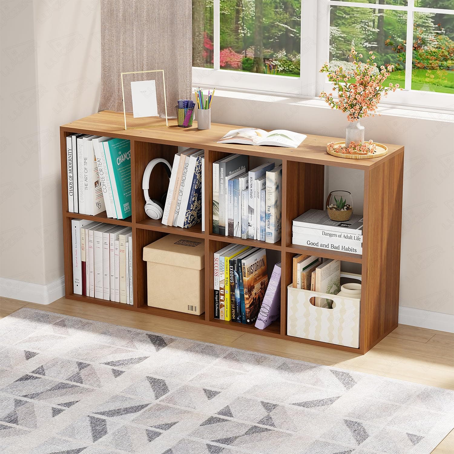Lukzer 8-Shelf Engineered Wood Bookshelf Storage Organizer | Open Cube Cabinet for Living Room, Kitchen, Office, Home Use | Brown Oak | MR-009, 110x60x28cm | DIY Assembly with Detachable Components