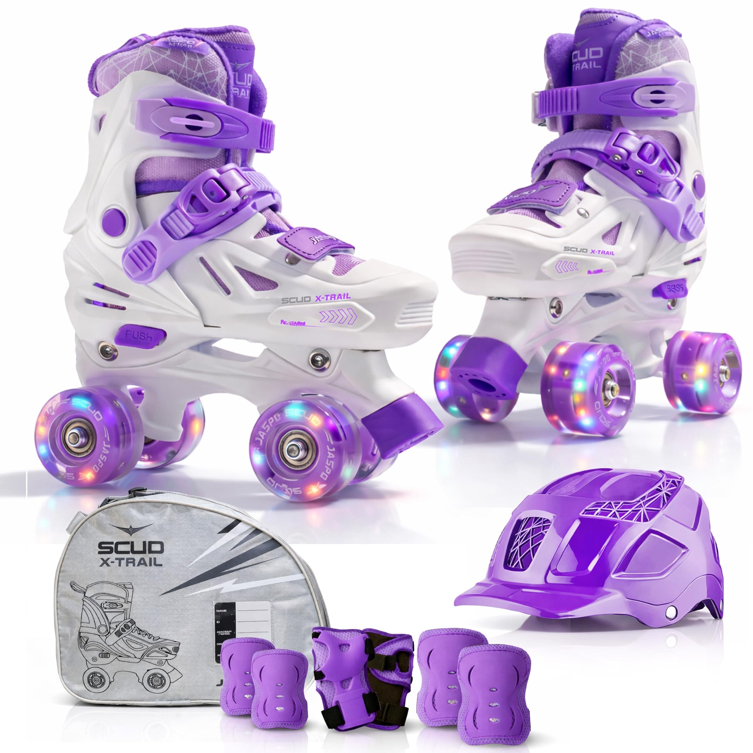 Jaspo Scud X Trail Roller Skates Combo with Helmet and Knee, Elbow, Wrist Guard, Professional Outdoor Indoor Quad-Skates for Kids & Adults, Adjustable Skates with LED Wheels (Purple, Medium)