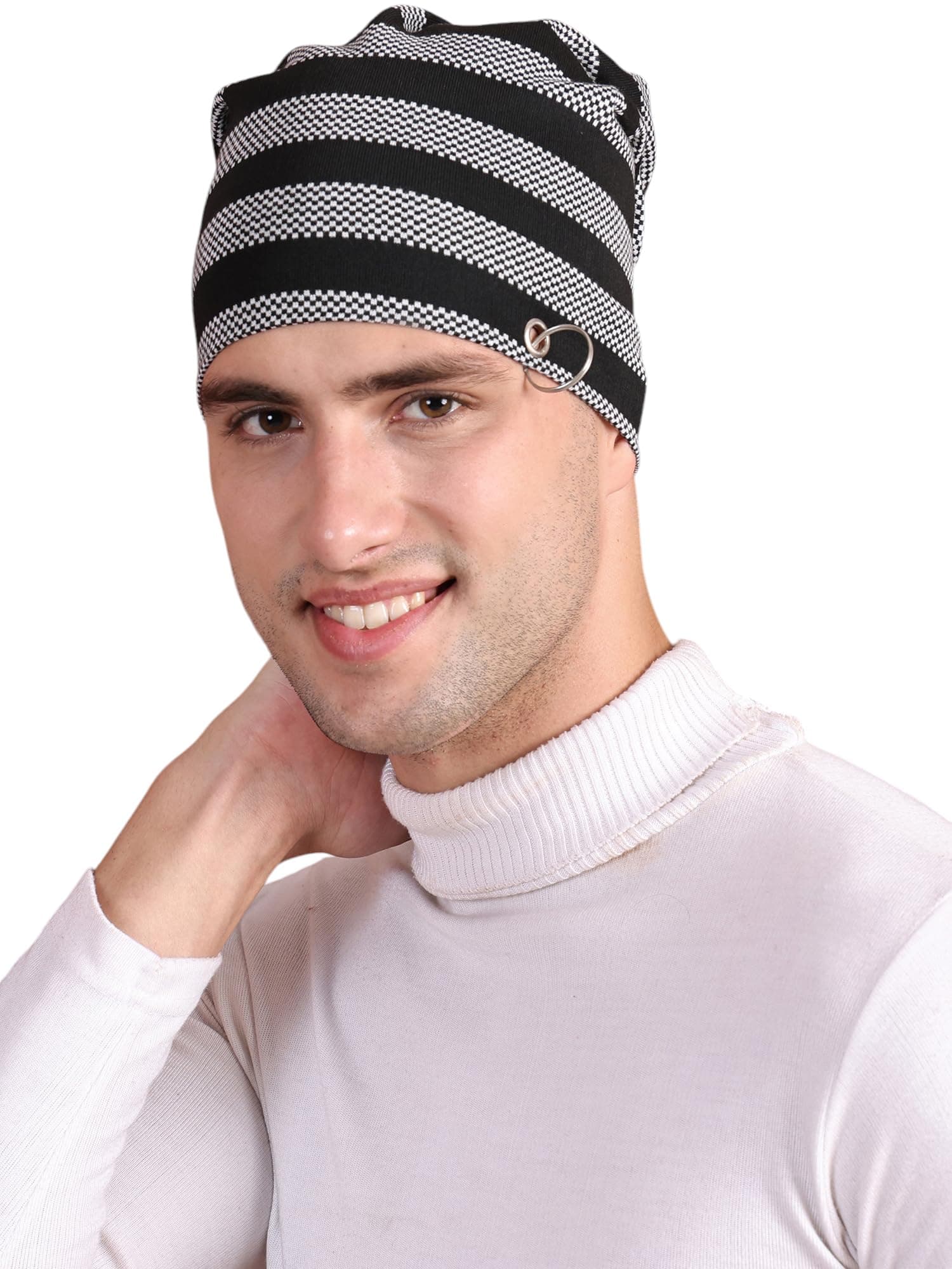 VIMAL JONNEY Black Striped Beanie Cap for Men-Ring_Cap_STR_BLK_01