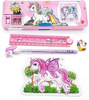 Pink Unicorn Girls Pencil Box with Calculator & Sharpener | 2 Compartment Stationery Hamper Set with Unicorn Pencil, Folding Scale, Eraser & 8D Sticker