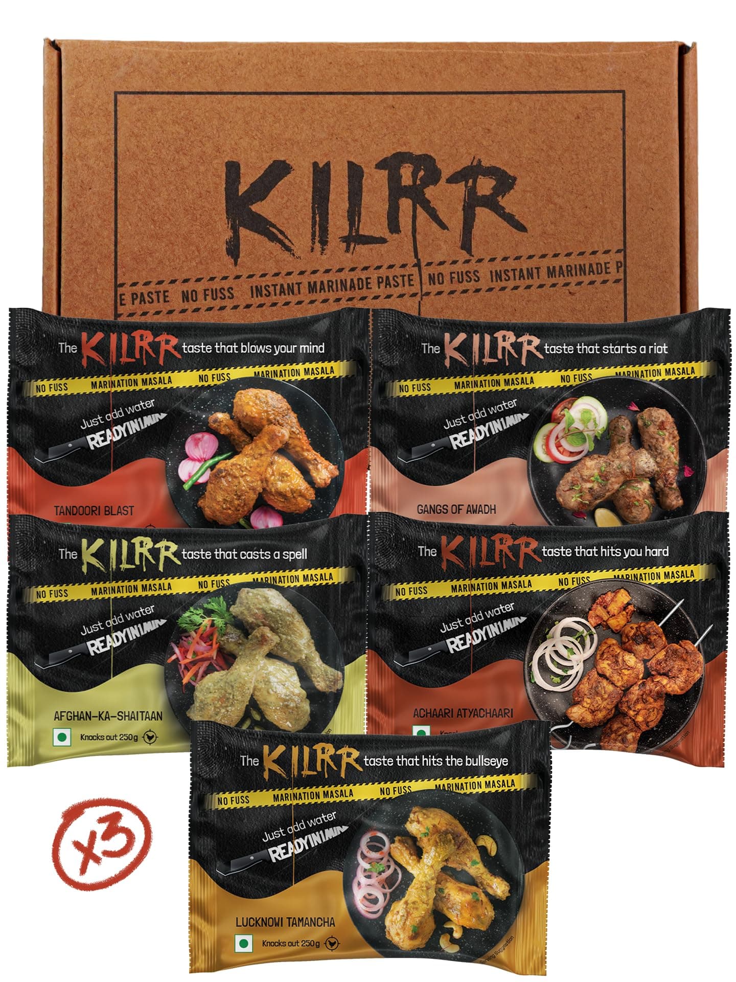 KILRR Chicken Marination Masala Pack of 15 (5 Flavours x 3) | Marinates 250g Chicken per Pack | 1- Min Killer Marinade for Tikka, Tandoori Chicken | Just Add Water & Oil | All-Natural, No Preservatives or Additives | Killer Gang