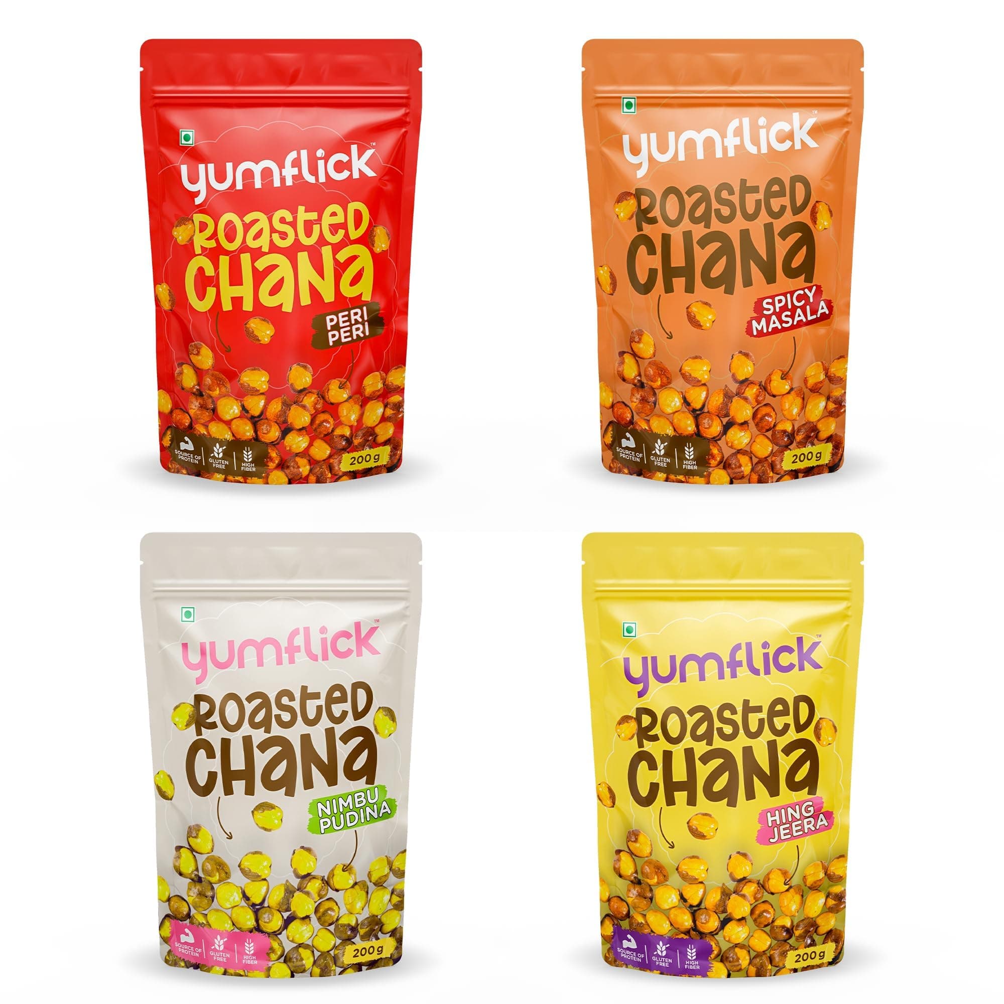 Yumflick Roasted Chana With Skin | Combo Pack of 4 Flavours – Hing Jeera, Nimbu Pudina, Spicy Masala & Peri Peri | 4 x 200g + FREE 25g Chana Jor | High Protein & Fibre | 100% Roasted Not Fried | Gluten-Free, Vegan Namkeen
