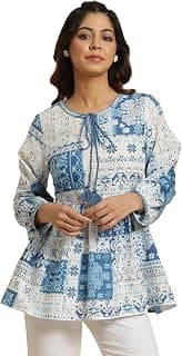 W for Woman Women's Cotton Regular Fit Gathered Top with Tie-Up Neck