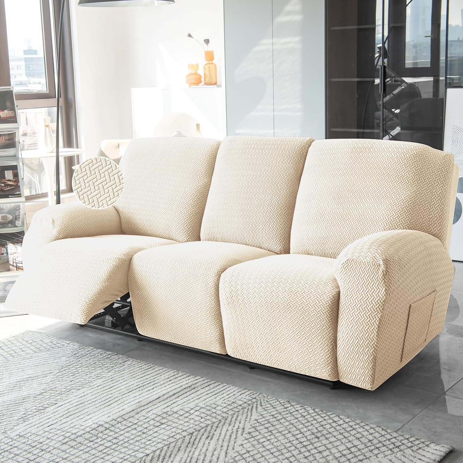 HOKIPO 3 Seater Recliner Sofa Cover, 210GSM Thick T-Type Jacquard, Beige (NEW-AR-4974-BGE)