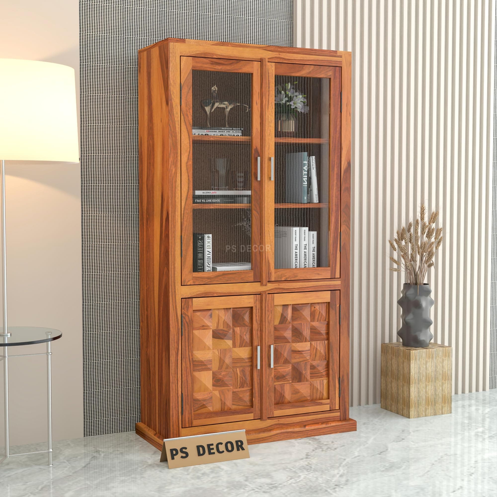 PS DECOR Solid Sheesham Wood Book Shelf with Acrylic Glass Doors and Storage Cabinet | Rosewood Display Unit with 4 Doors for Living Room & Office (Natural Finish)