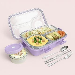Umadiya® Lunch Box 3 Compartment Out Side-Leak-Proof BPA Free Stainless Steel, Lunch Box for Girls, Lunch Box for School with a Fork, a Spoon and a Pair of Chopsticks 750 ml (Purple)