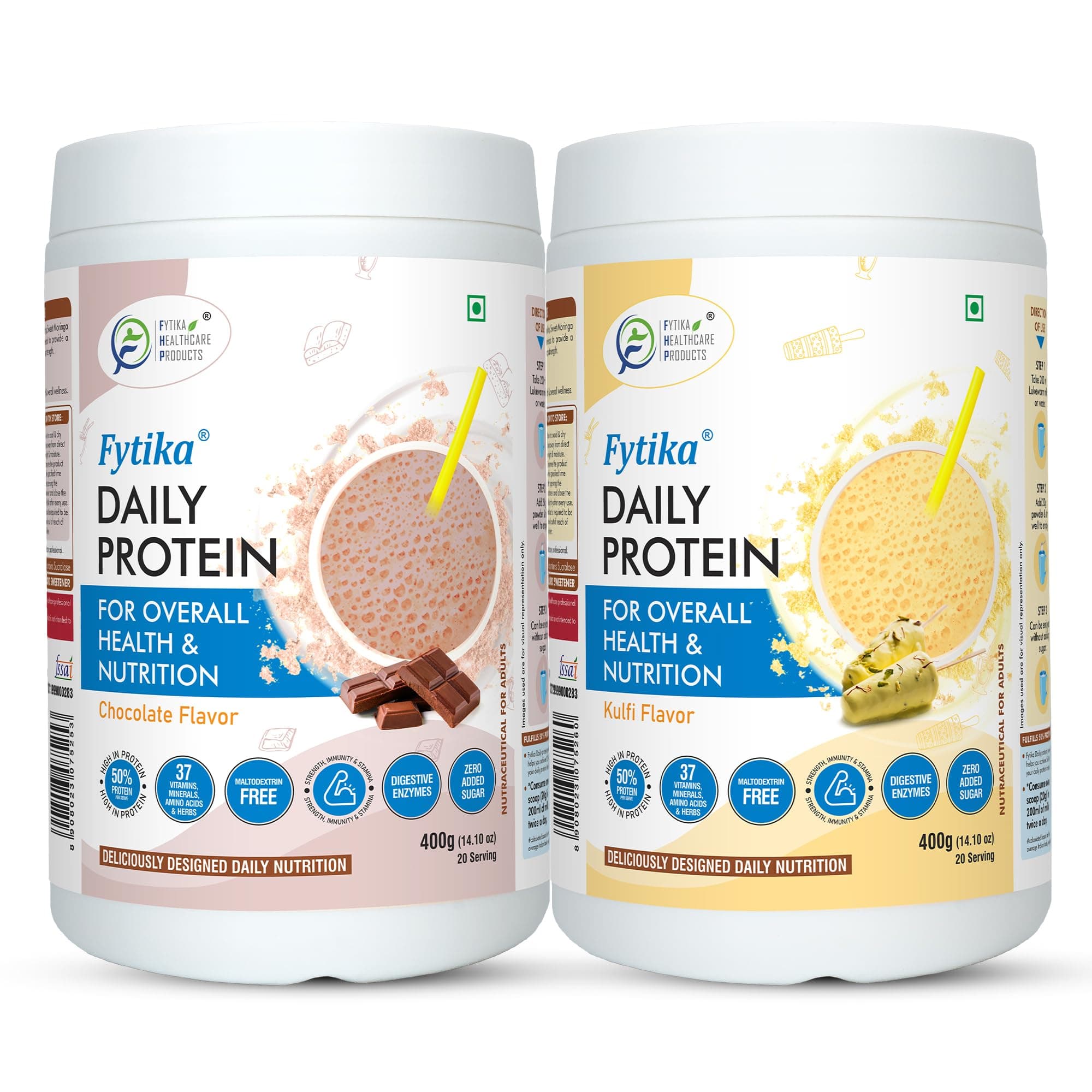 Fytika Daily Protein Powder Chocolate and Kulfi Flavour - 400gm Each (Pack of 2)