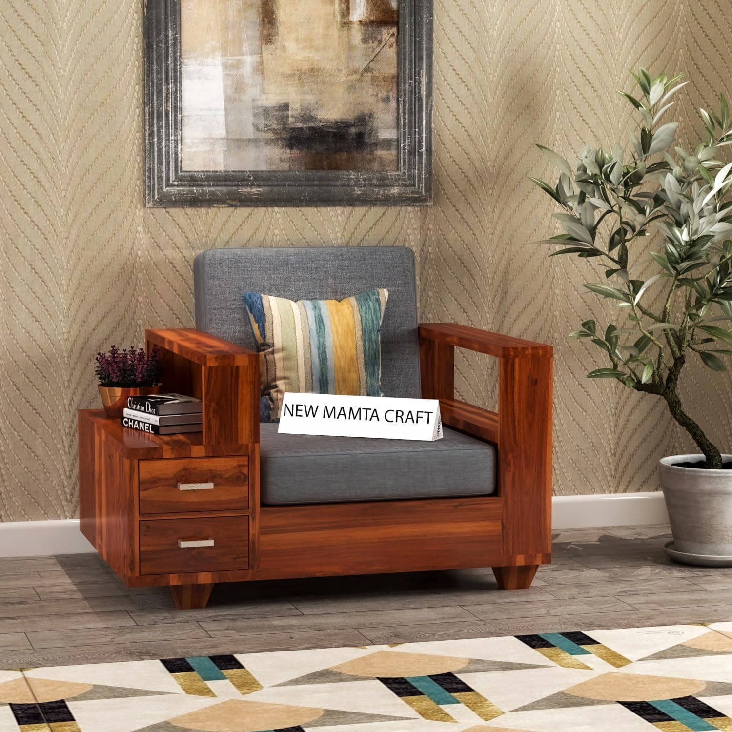 NEW MAMTA CRAFT Sheesham Wood Single Seater Sofa | 1 Seater Sofa with 2 Drawer Storage | Wooden Sofa Set Furniture for Living Room Home Office (40 Density Cushion,Honey Finish)