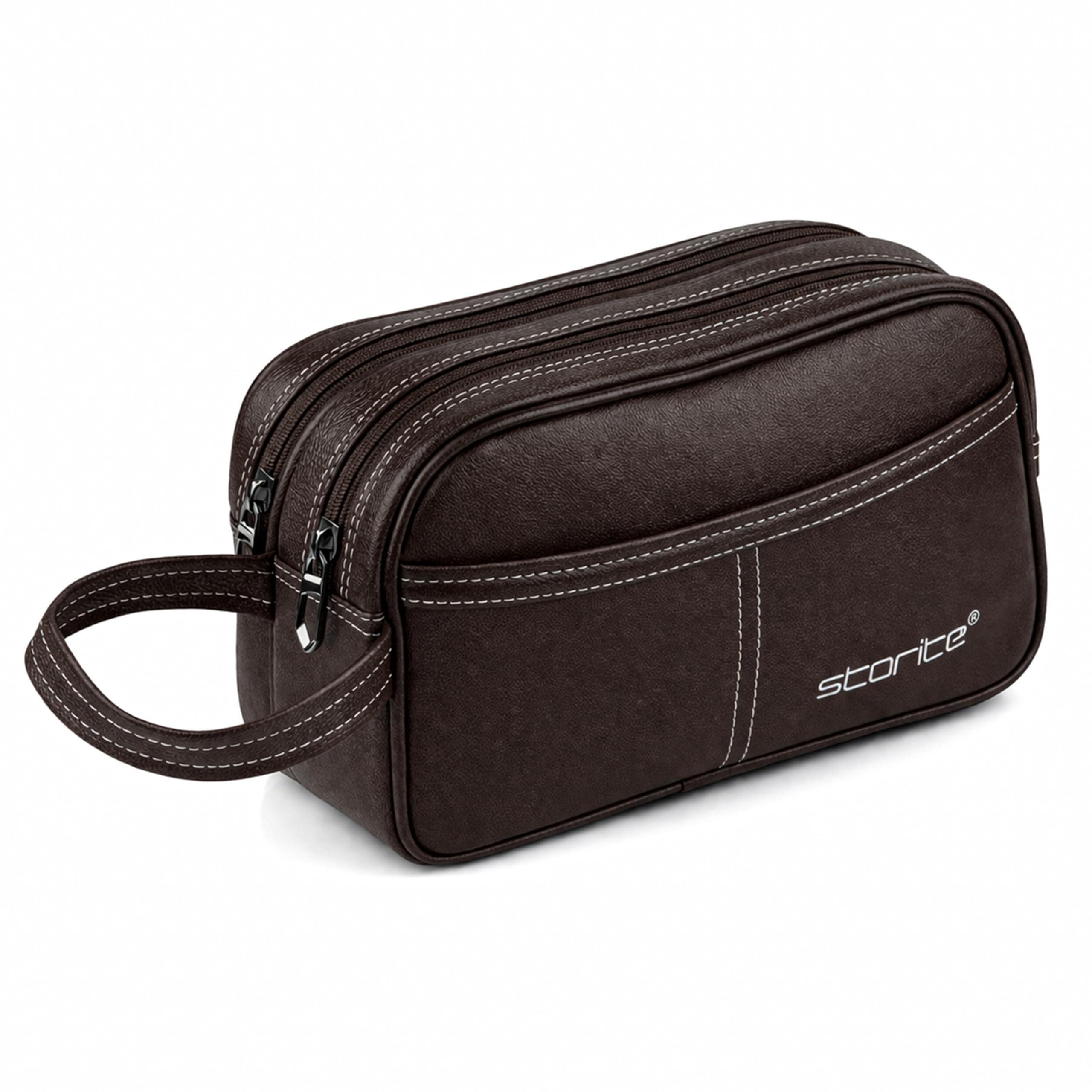 Storite PU Leather Toiletry Bag for Men & Women - Chocolate Brown | Waterproof Inner Lining Travel Dopp Kit, Multi-Compartment Shaving & Cosmetic Organizer with Zipper, Portable Wash Bag