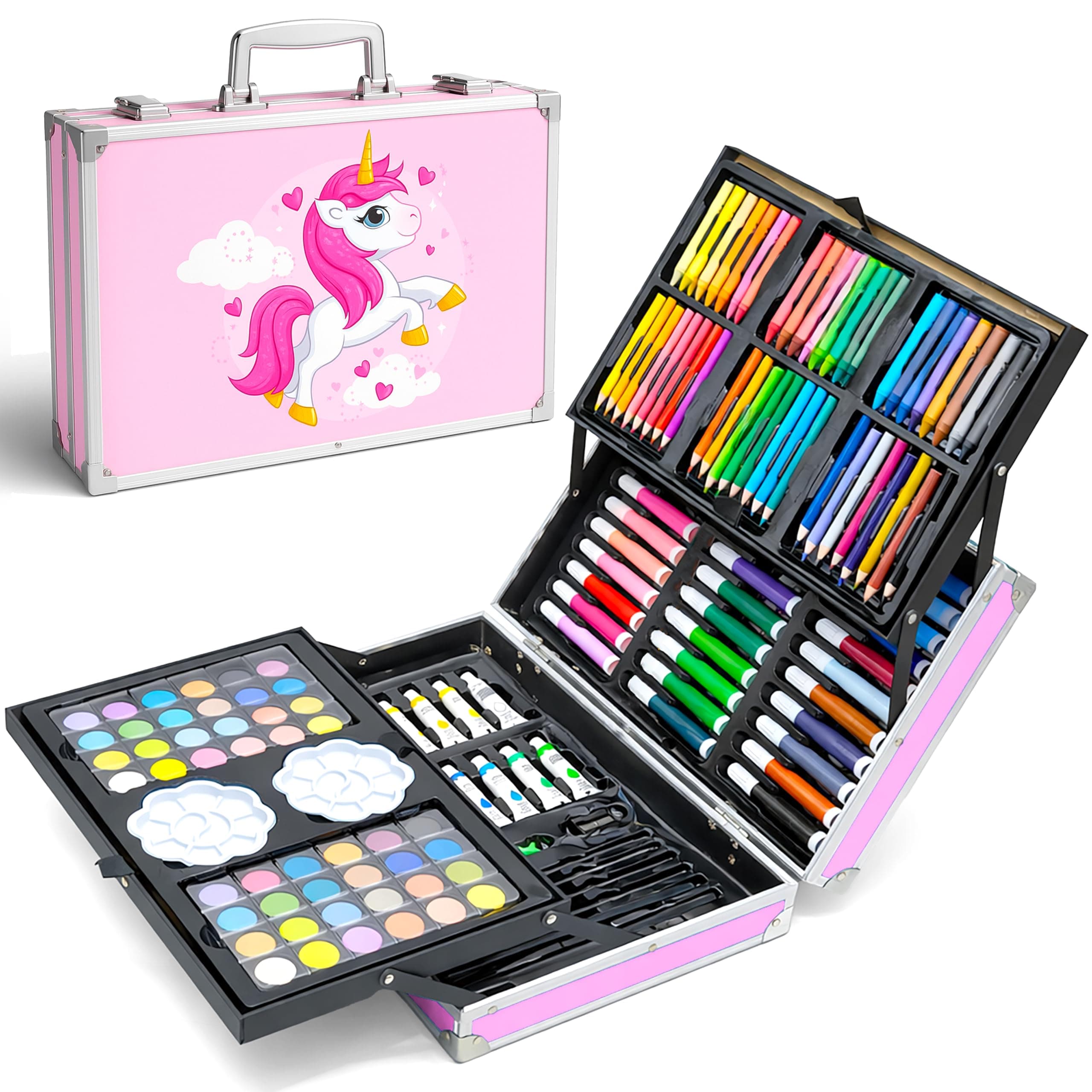 VGRASSP 145 Pcs Unicorn Theme Drawing and Painting Kit Toy for Kids, Boys, Girls - Portable School Stationery Set with Colors, Watercolors, Color Pencils, Sketch Pens