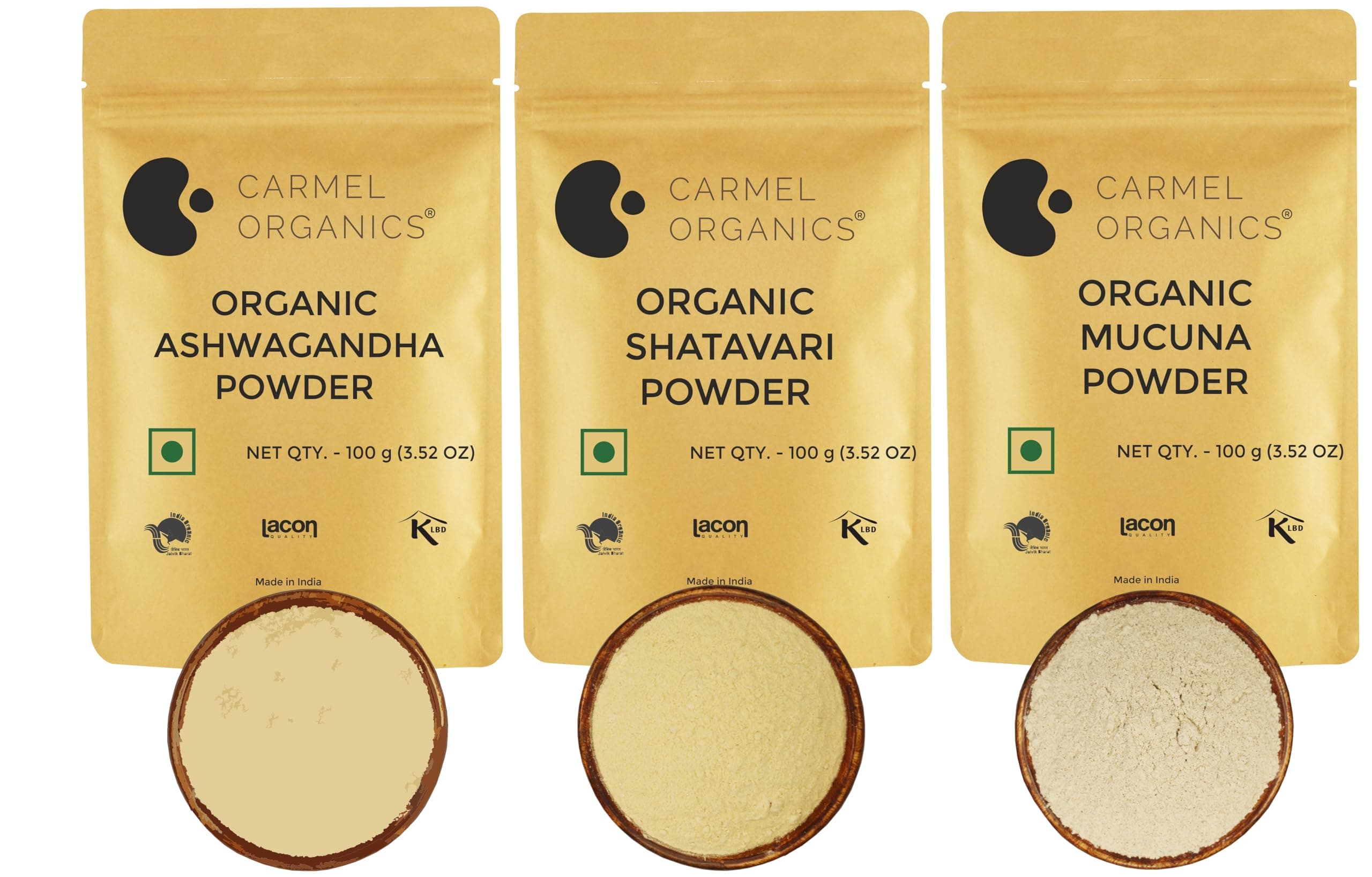 CARMEL ORGANICS Ashwagandha, Shatavari & Mucuna Powder 100g Each | Herbal Wellness Combo | Amukkara (Ashwagandha), Shatavari, Poonaikali (Mucuna)| Non-GMO | No Added Preservatives or Additives