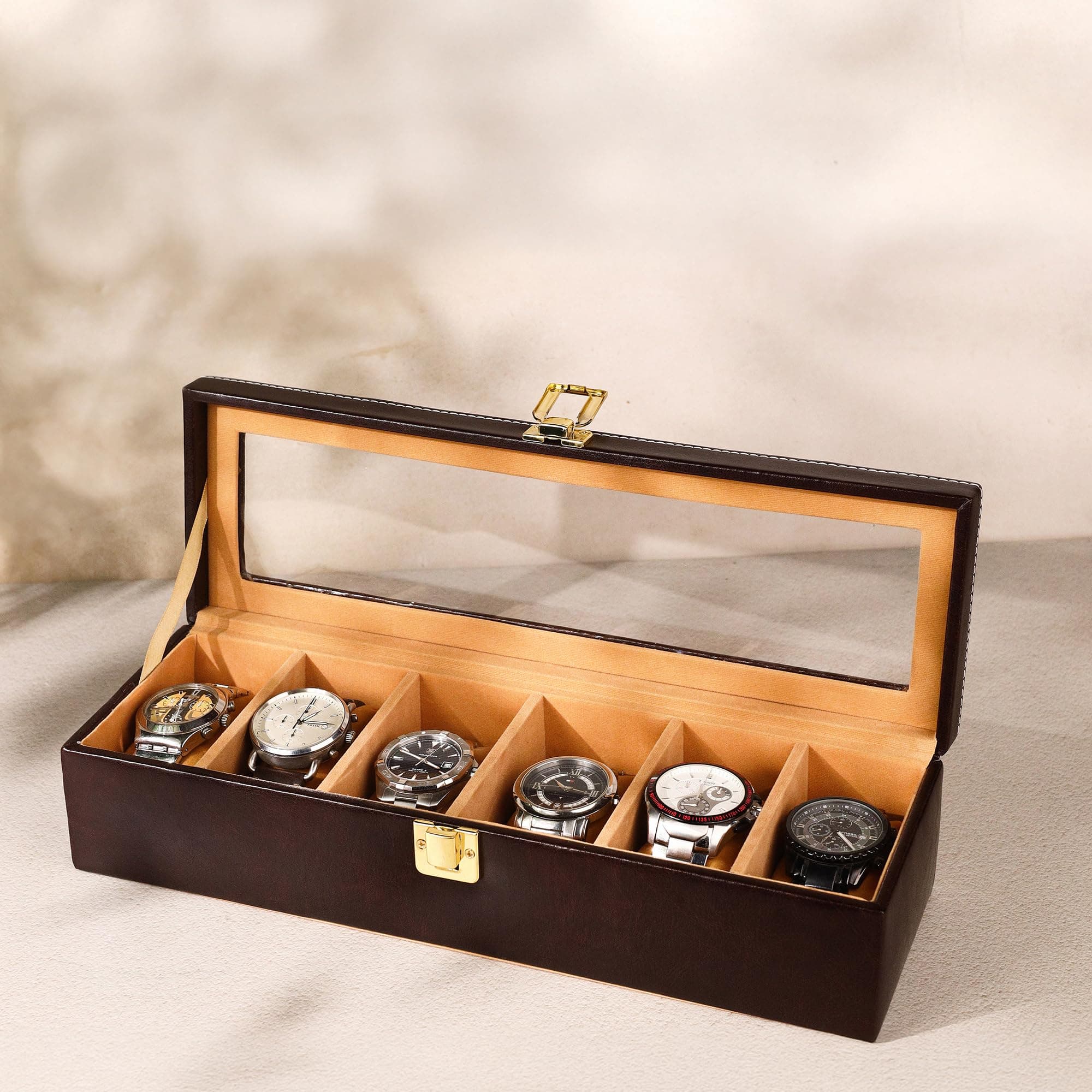 Birch & Co. Watch Box Organizer – 6 Slot Display Case with Glass Lid, PU Leather, Soft Velvet Interior – Elegant Storage for Men’s & Women’s Watches, Jewelry & Accessories – Gift-Ready Case, Mohagany