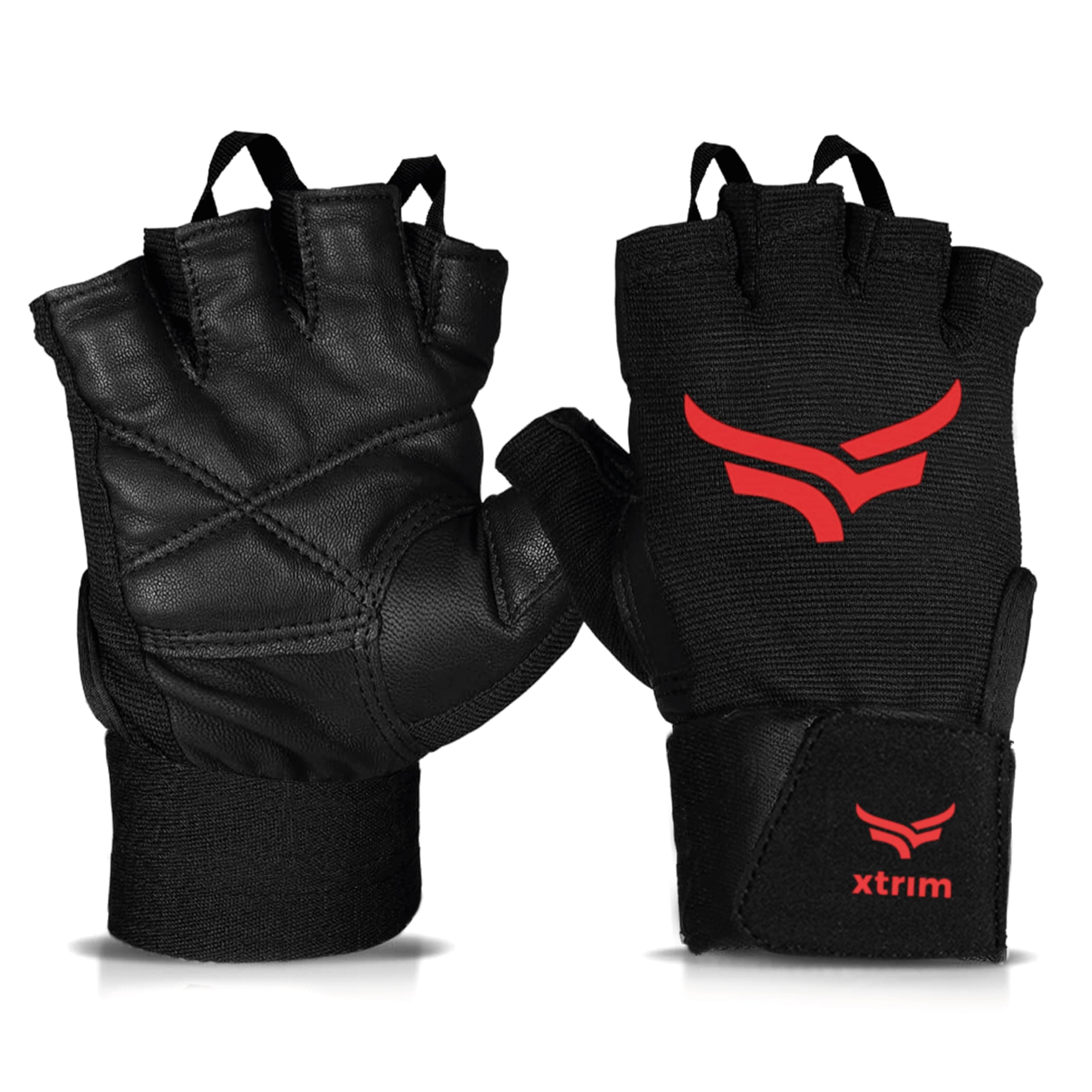 XTRIM xMacho Unisex Leather Gym Gloves, Wrist Support Strap, M, Red-Black | Fits 7.5-8 Inches Half-Finger Hand Gloves with Wrist Band for Weightlifting