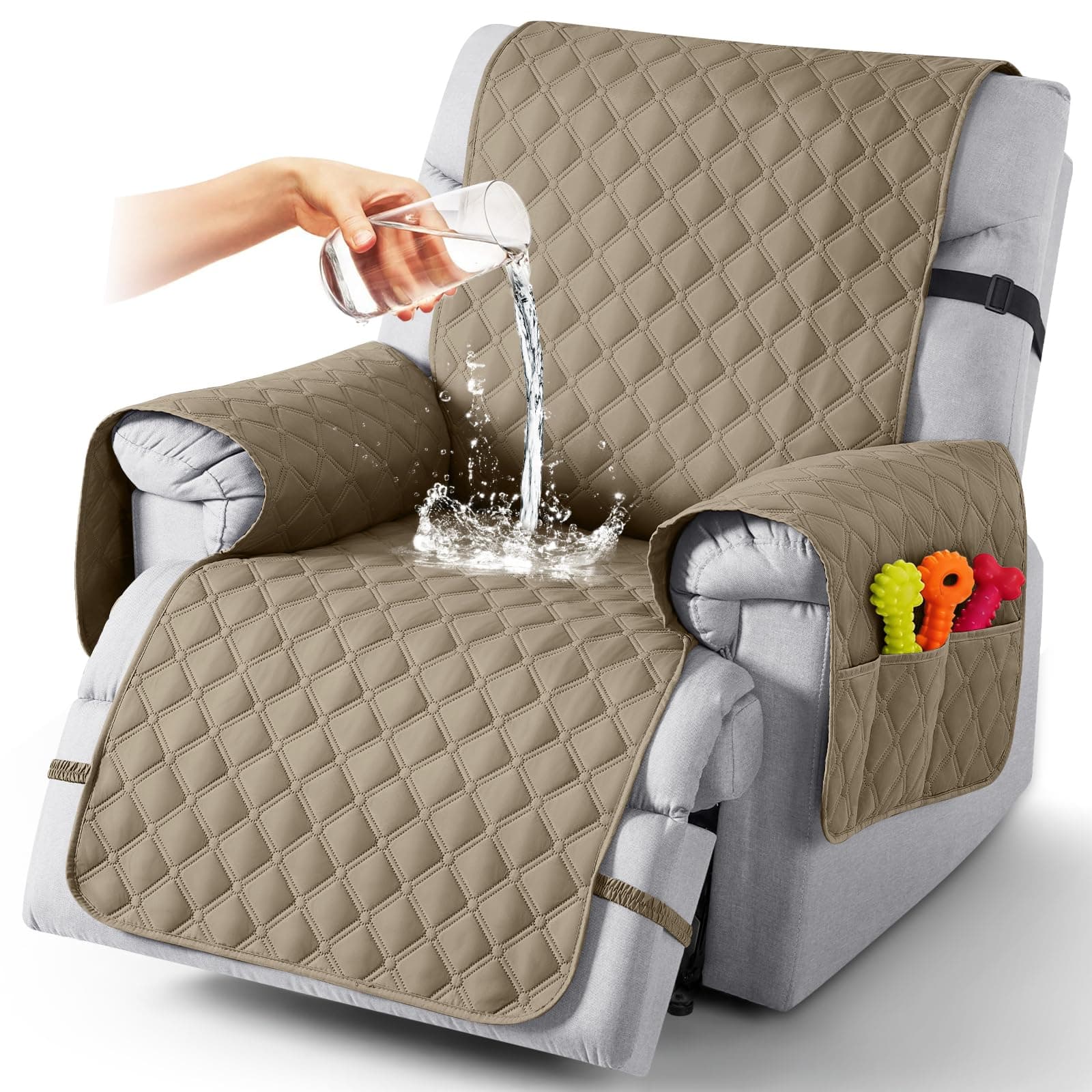 TAOCOCO 100% Waterproof Recliner Covers With Leg Straps, Reversible Recliner Couch Cover For Reclining Chair, Washable Couch Protector For Pets Kids (1 Seater 28", Khaki) | Recliner Protector with Leg Straps, Washable 1 Seat Reclining Chair Slipcover with Storage Pocket for Pets & Kids