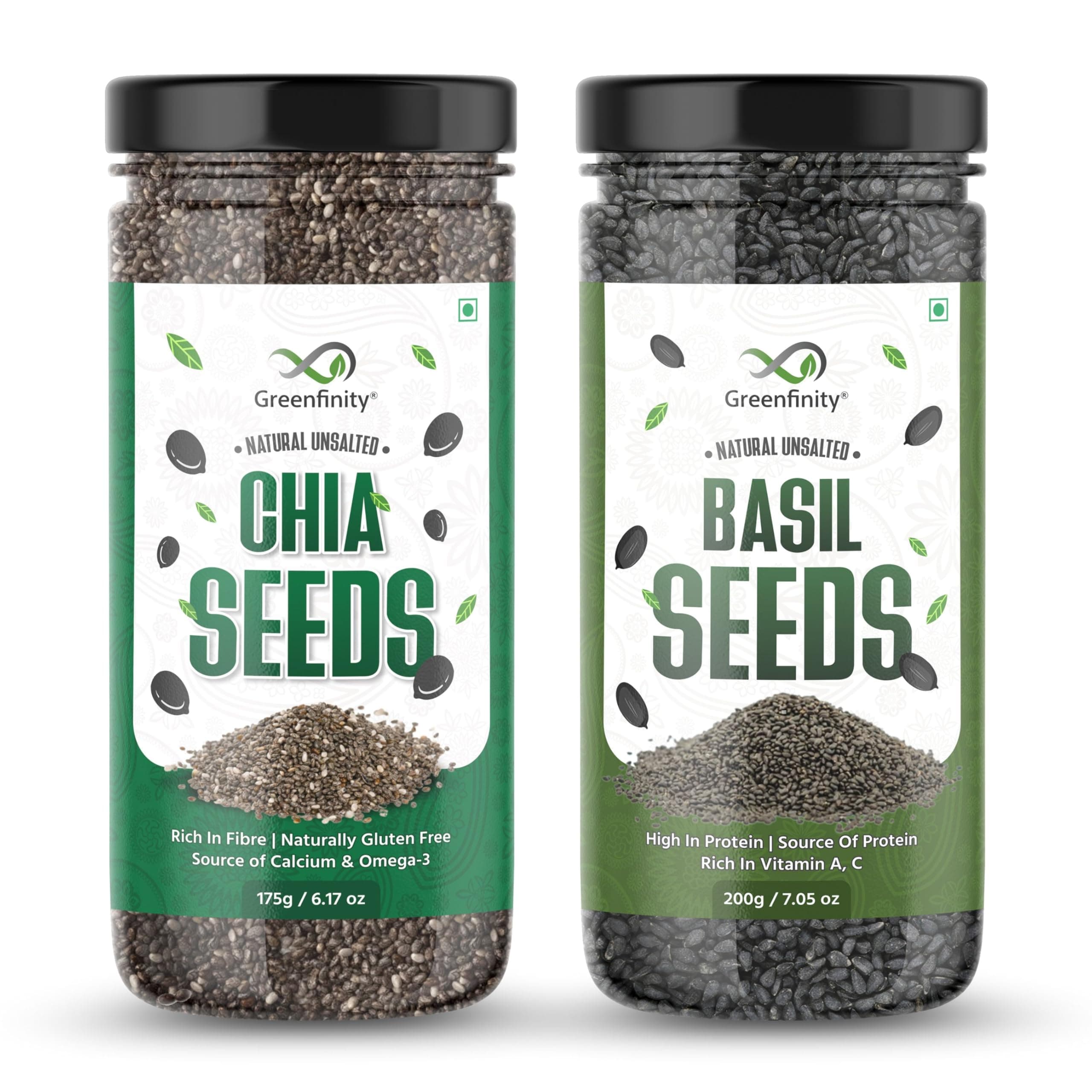 GreenFinity Healthy Seeds Combo- Chia Seeds (175g) Basil Seeds (200g) | Rich in Omega-3, Dietary Fibre, Antioxidant | Raw Seeds for Weight Loss, Immunity Booster, Digestion, Salads, Snacks (Pack of 2)