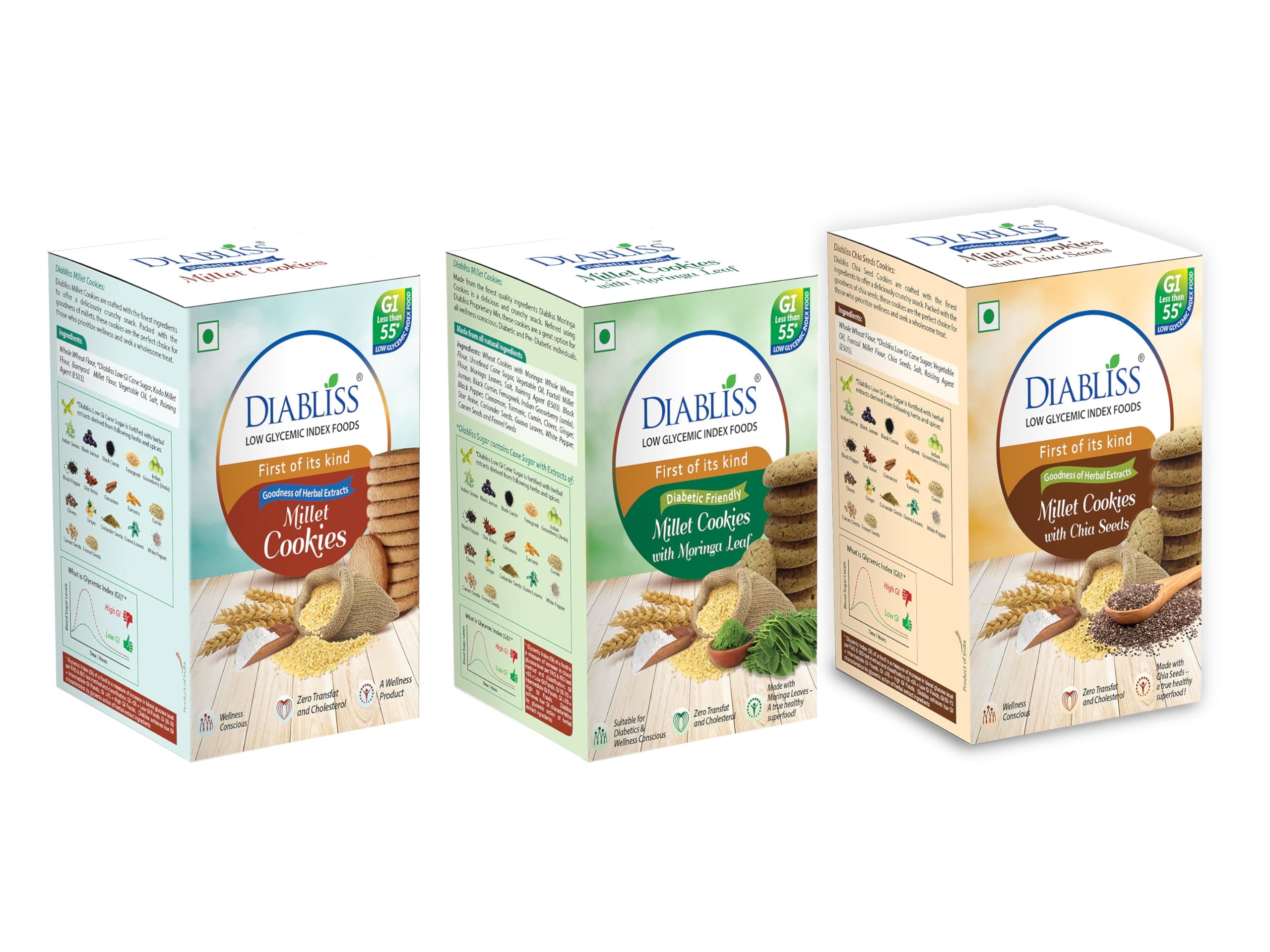 Diabliss Millet Moringa Cookies – Superfood Moringa with Millets & Whole Wheat | No Maida | Low GI Sugar & 17 Herbs & Spices | Glucose Friendly Snack | Trusted in 3 Continents | 360g Combo