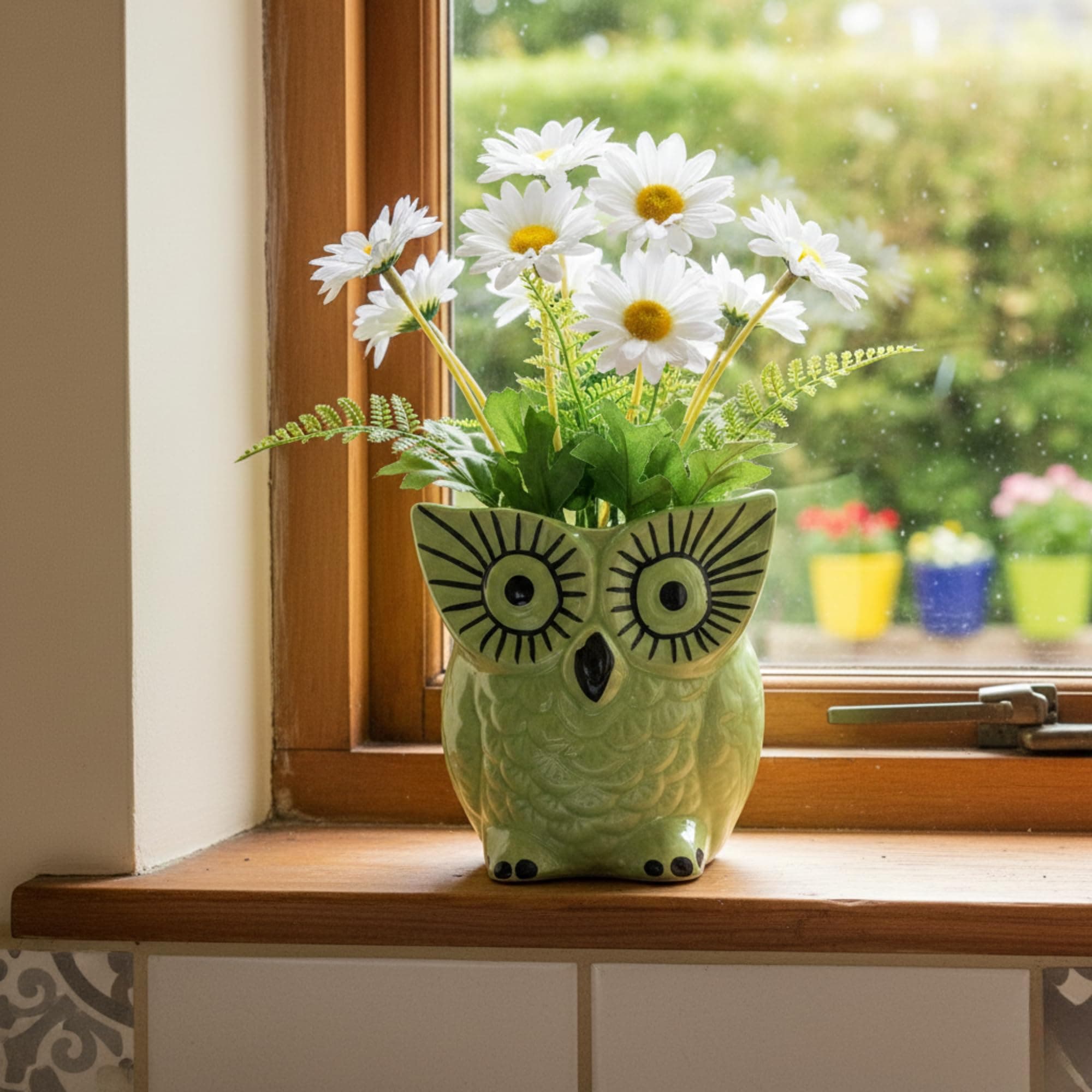 HANDECORA Ceramic Owl Vase & Planter for Home Decor | Hand-Painted Decorative Pot for Natural Flowers & Succulents | Indoor Garden, Living Room & Office Desktop Decor (4.5-inch) (1, Green)