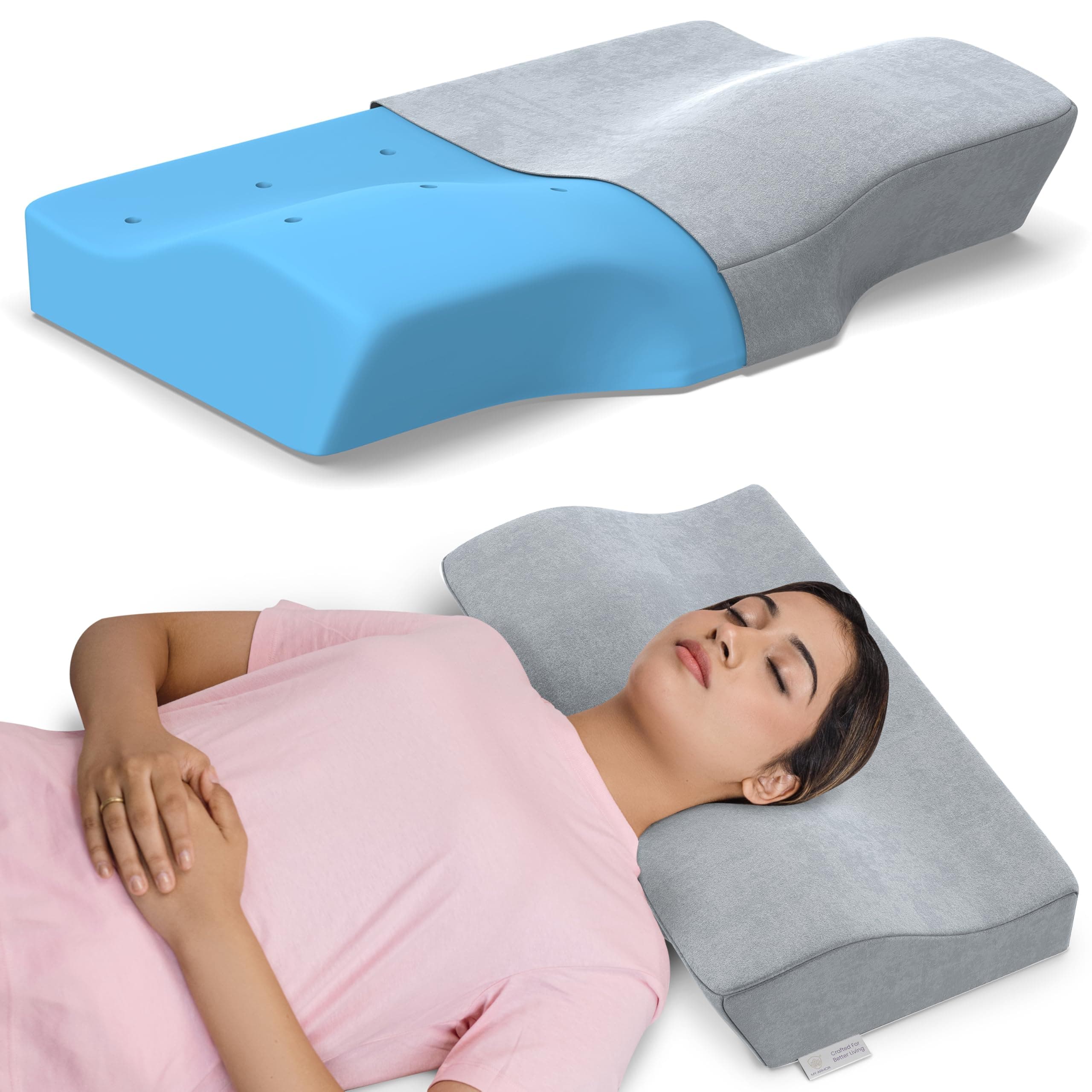 MYARMOR Cervical Pillow for Neck Pain and Shoulder Pain, Spondylitis Neck, Orthopedic Memory Foam Pillow, Sleeping Contour Support, Regular Size - 18.5 x 11 x 3.5 Inches, Grey Velvet Cover