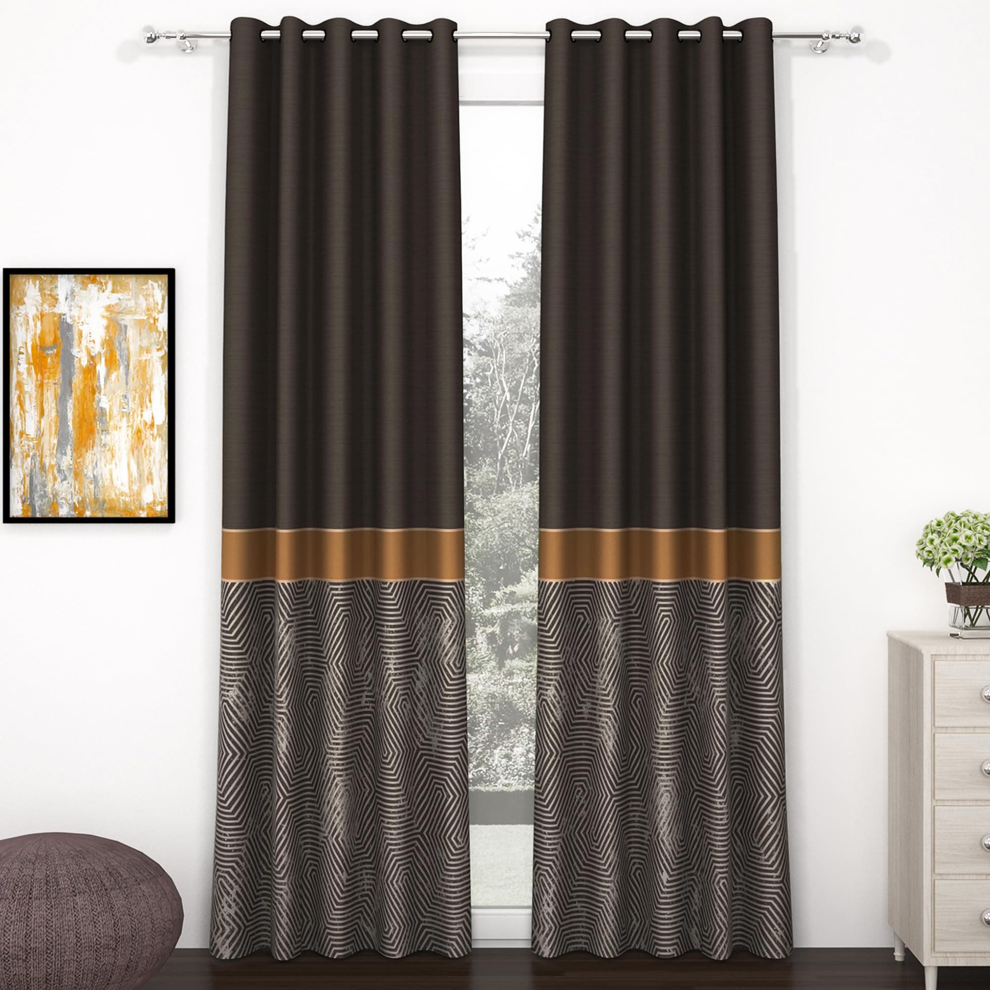 Story@Home Blackout Digital Print Window Curtains 5 Feet Long Set of 2 | Room Darkening Curtain | Thermal Insulated Curtains for Living Room | (118 X 152 Cm, Dark Brown)