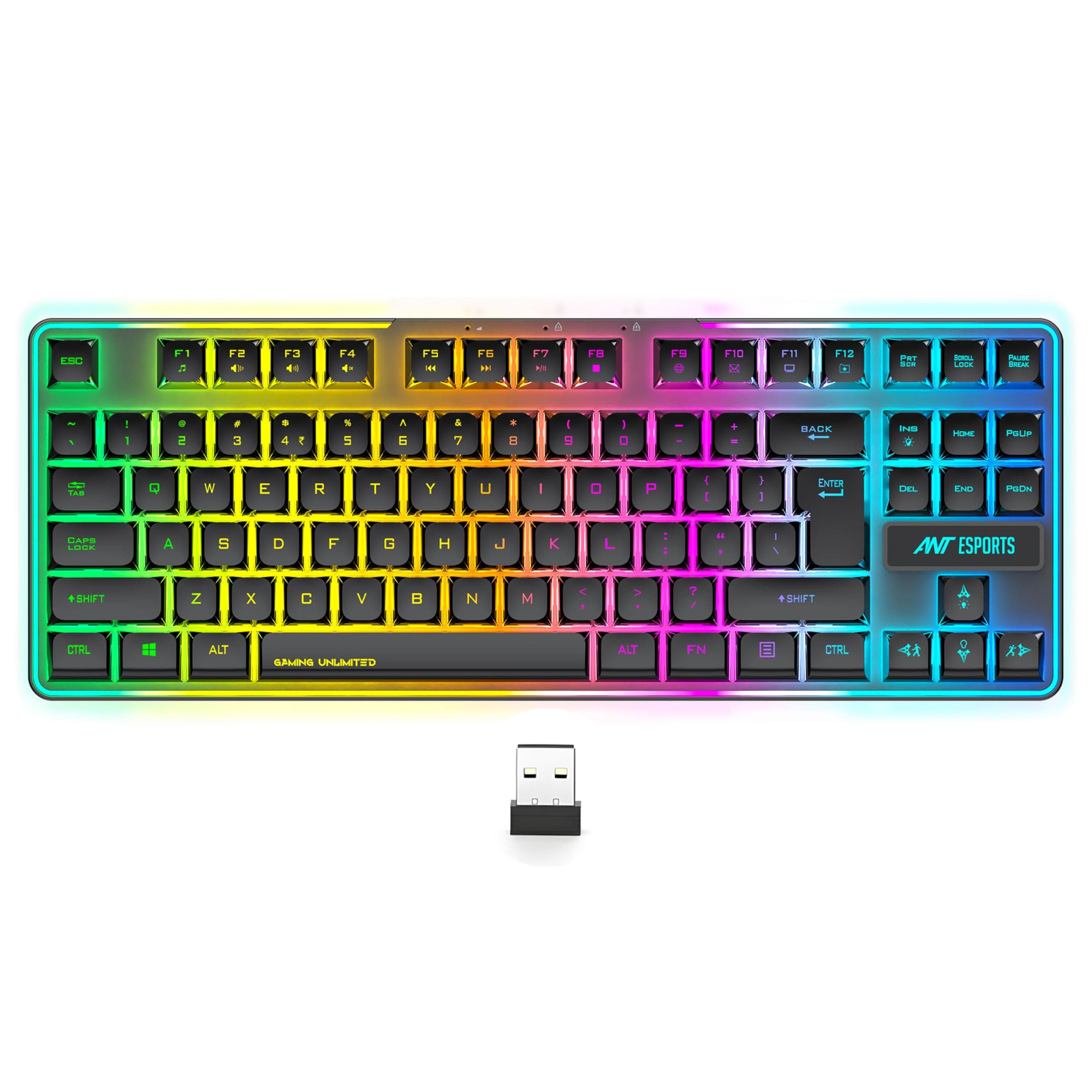 Ant Esports MK720 Pro V2 Wireless TKL RGB Gaming Membrane Keyboard, Backlit Wireless – Long Lasting Rechargeable Battery – Quite Water-Resistant Ergonomics Keyboard - PC PS5 PS4 Xbox One Mac – Black