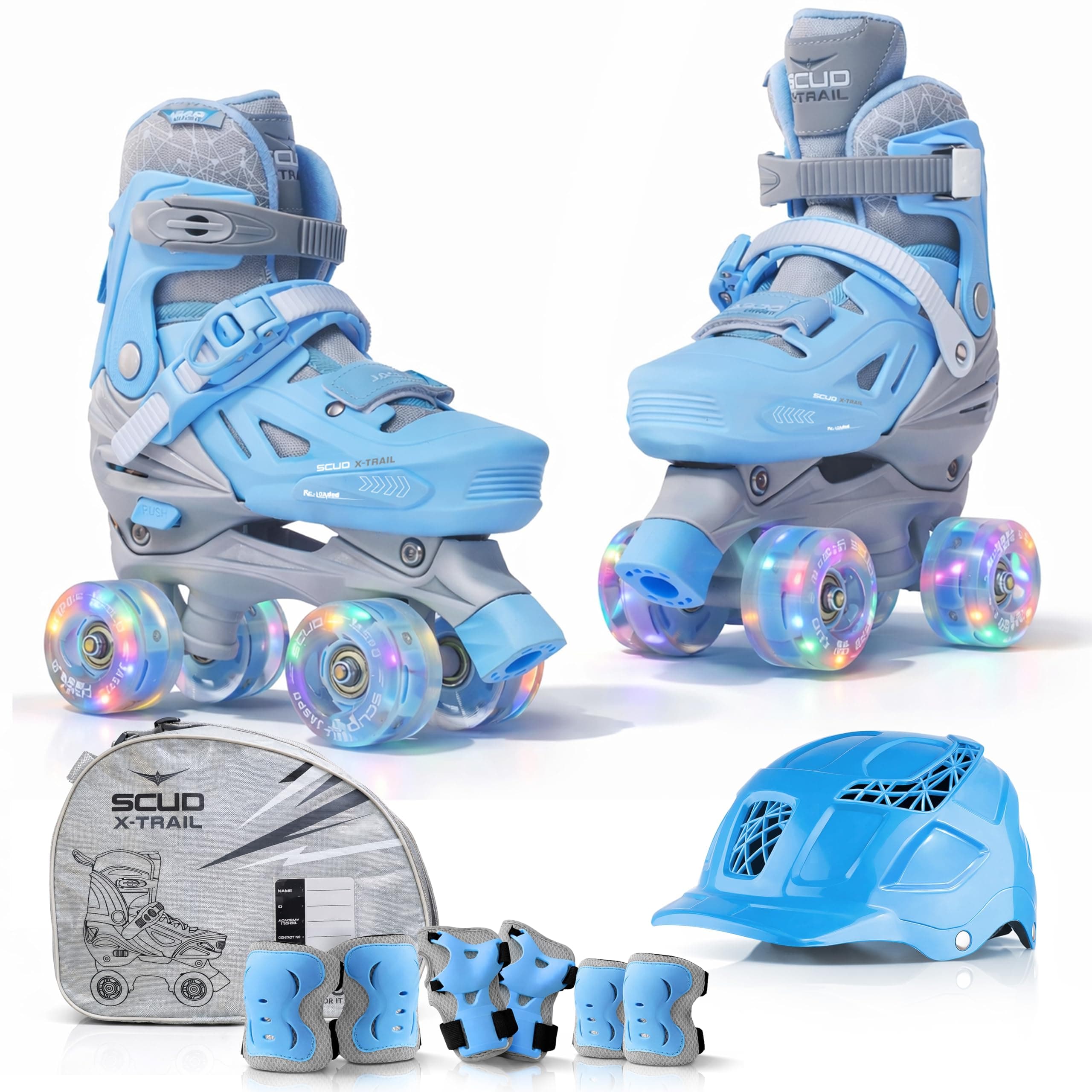Jaspo Scud X Trail Roller Skates Combo with Helmet and Knee, Elbow, Wrist Guard, Professional Outdoor Indoor Quad-Skates for Kids & Adults, Adjustable Roller Skates with 4 Shiny Wheels (Blue, Large)