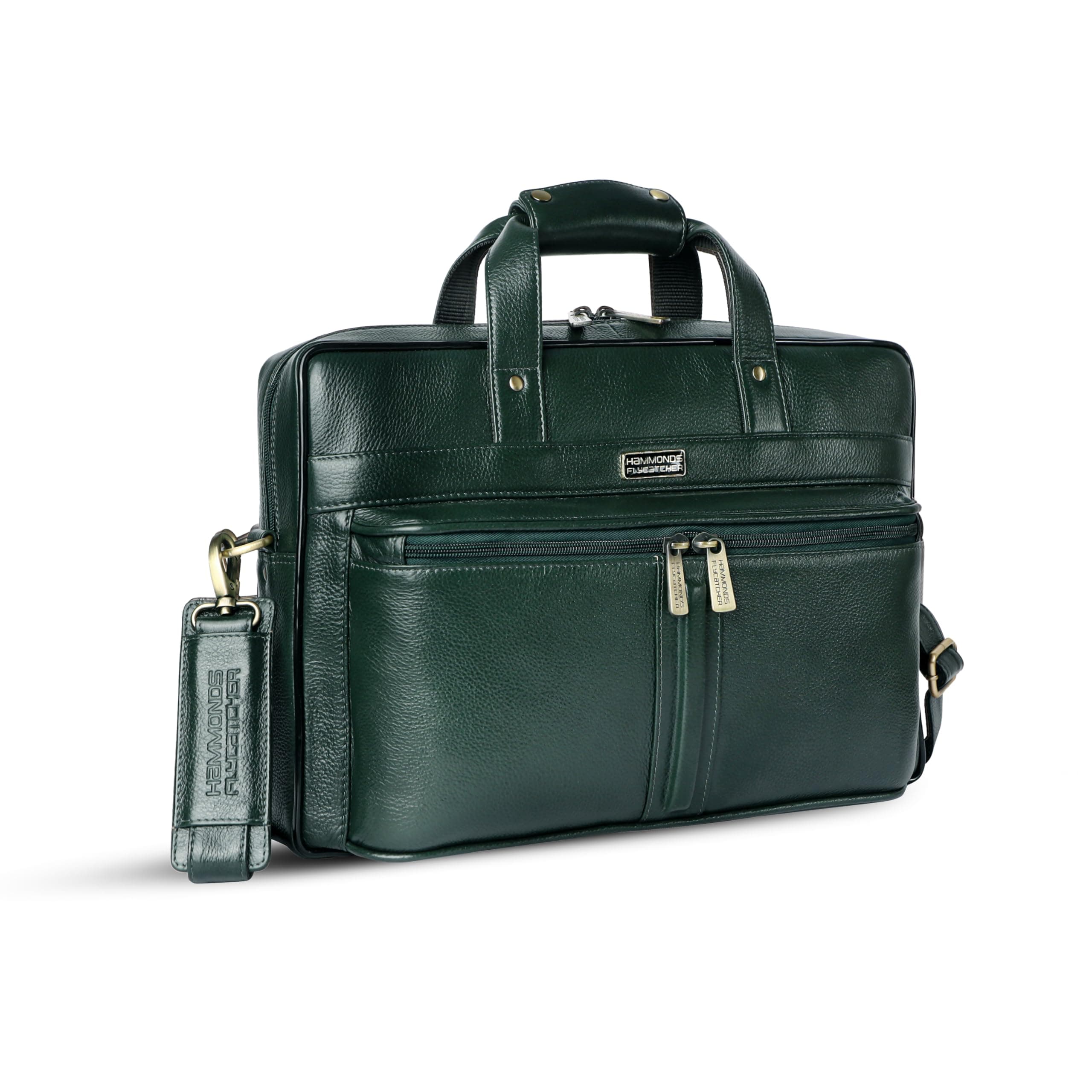 HAMMONDS FLYCATCHER Genuine Leather Laptop Bag Premium Office Bag with Adjustable Strap and Multiple Compartments 1 Year Warranty Fits 15.6 Inch Laptop - Green