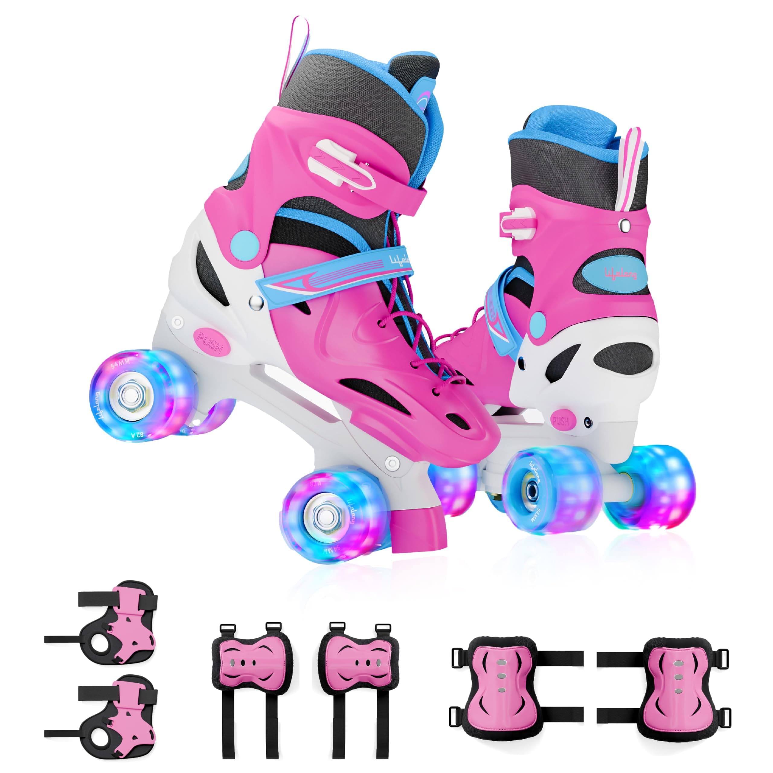 Lifelong Kids Adjustable Skating Shoes with LED Lights – Inline Roller Skating with Adjustable Size, Playful Lighting with Safety Pads, 1 Pair of Skates, Durable Frame – Pink, L (24.5-27 cm)