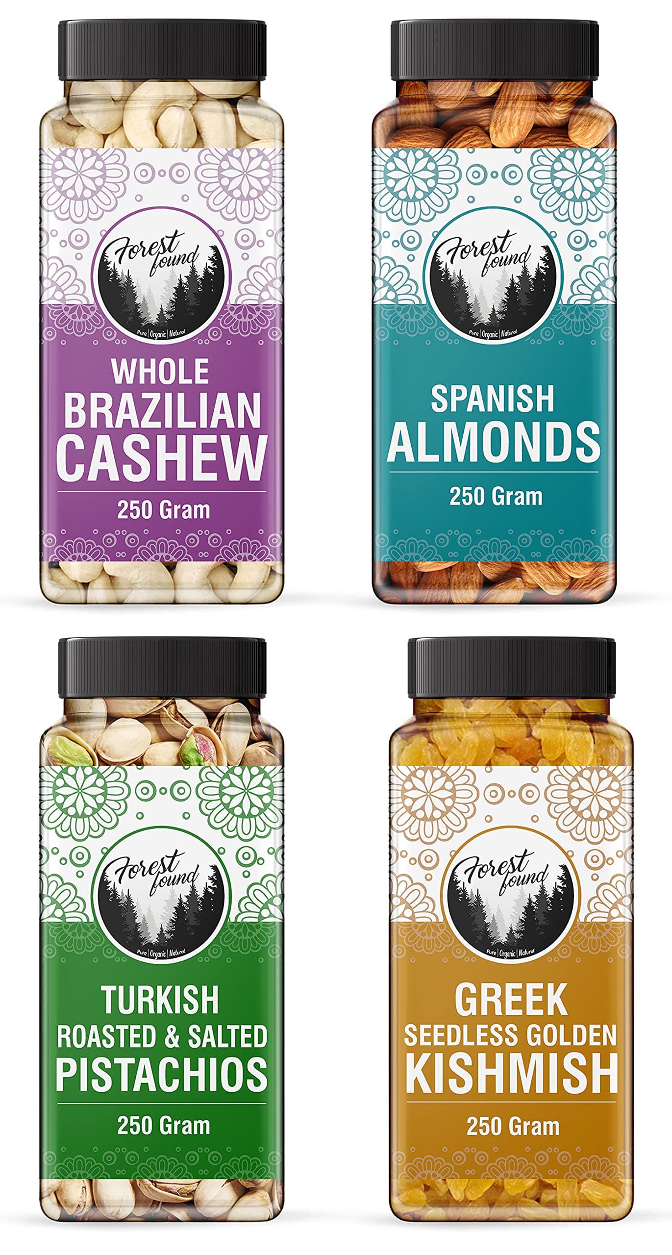 Forest Found Dry Fruits Combo Pack 1kg (250g x 4) | California Almonds, Whole Cashews, Roasted Pistachios & Golden Raisins | Healthy Mixed Nuts & Berries - Assorted Dry Fruit Gift Box - Badam, Kaju, Pista, Kishmish