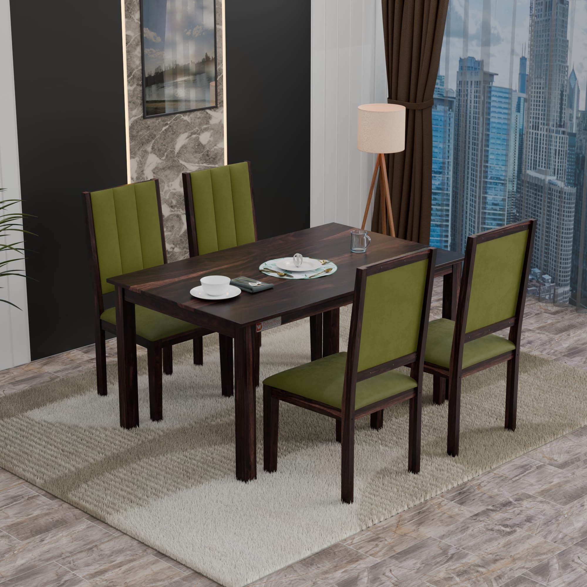 DRIFTINGWOOD Tiya Dining Table 4 Seater | Four Seater Dinning Table with 4 Chairs in Green Cushions for Home | Rosewood, Wanlut Finish, Self Assembly(DIY)