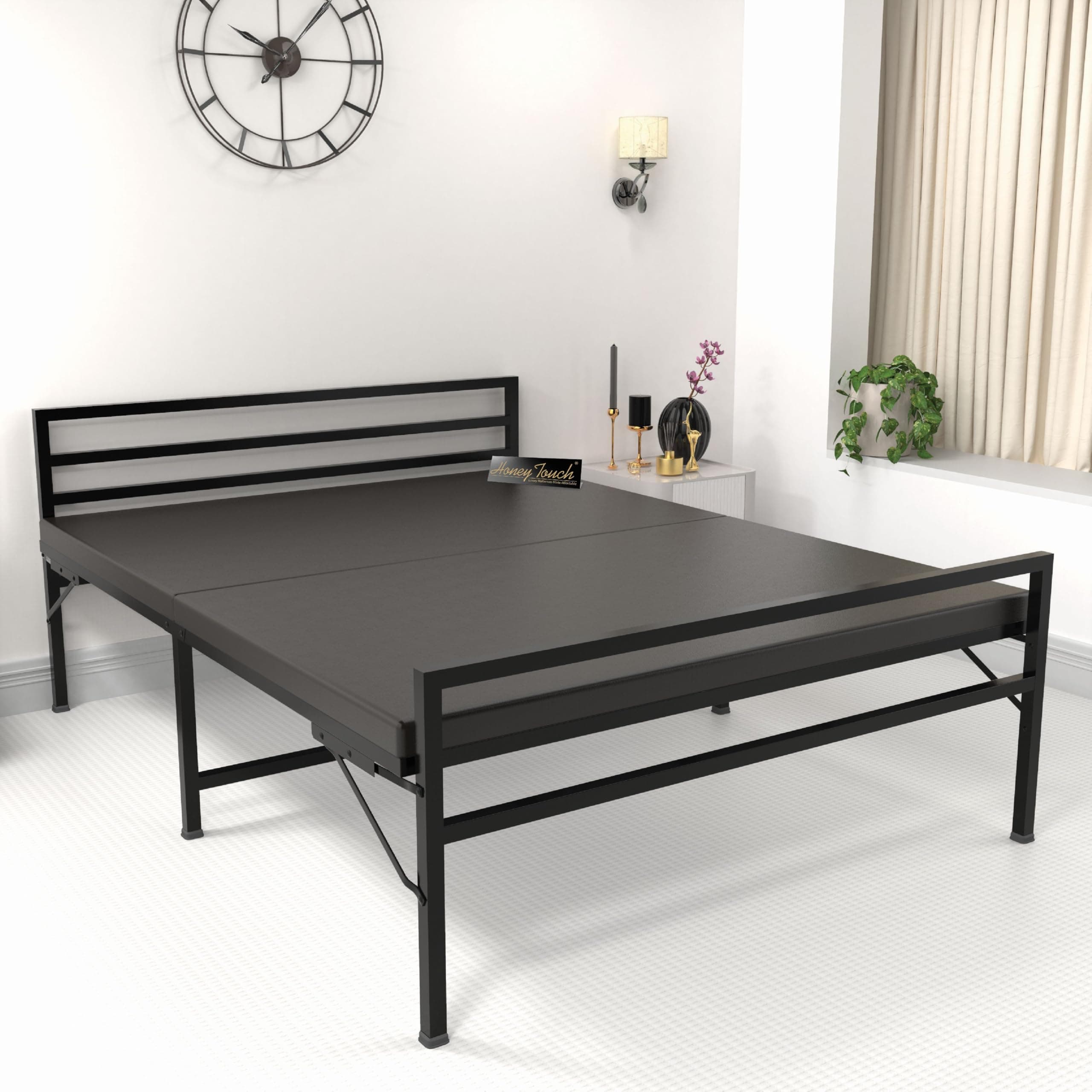 Honey Touch Jasper Folding Queen Size Bed Without Mattress | No Assembly Required | Foldable Bed for Sleeping/Guests/Rented Apartments/Bedroom(5x6.25ft, Black)