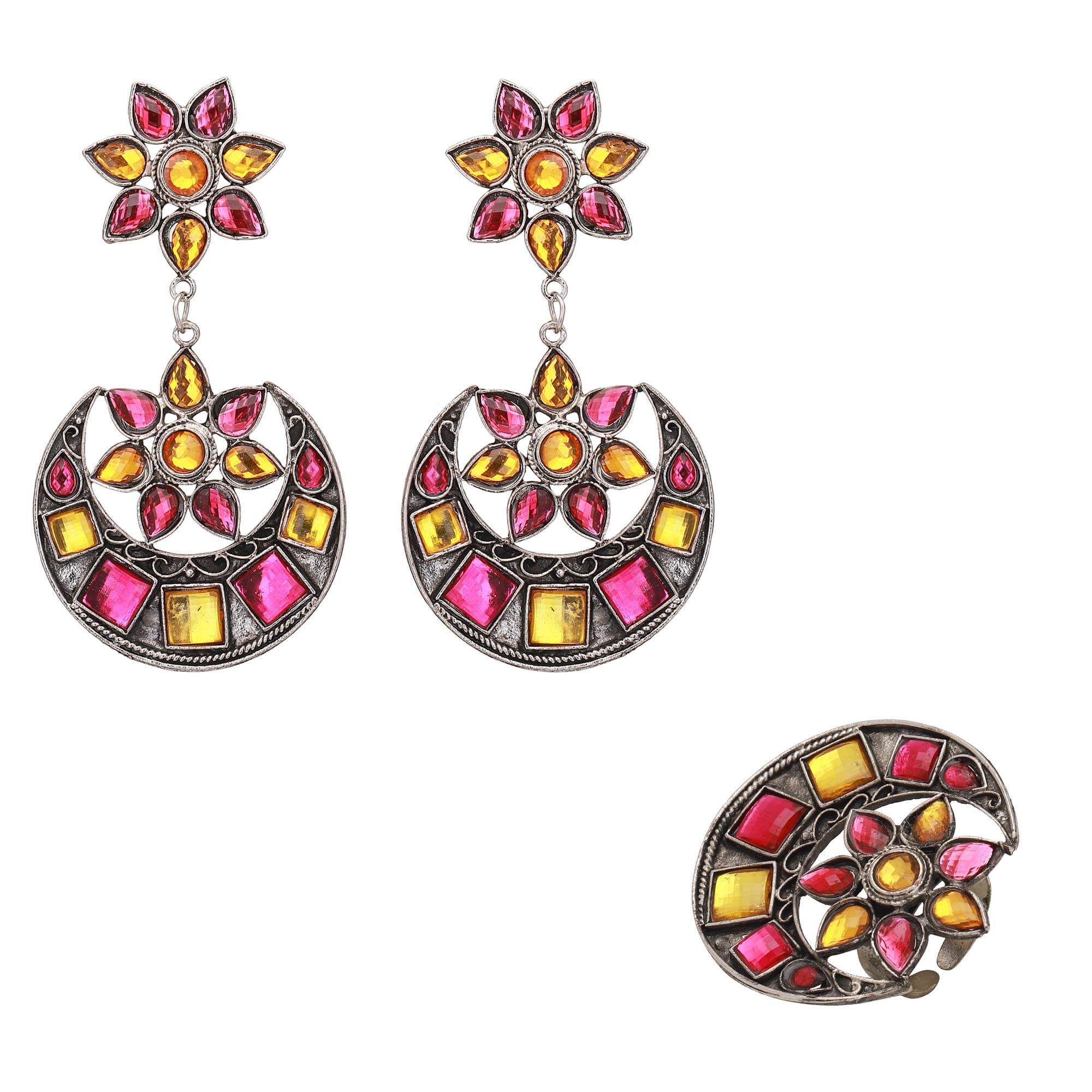 Shreyadzines Designer Afghani CZ Stone Studded Statement Earrings and Finger Ring Combo for Women and Girls (Silver) (Pink)