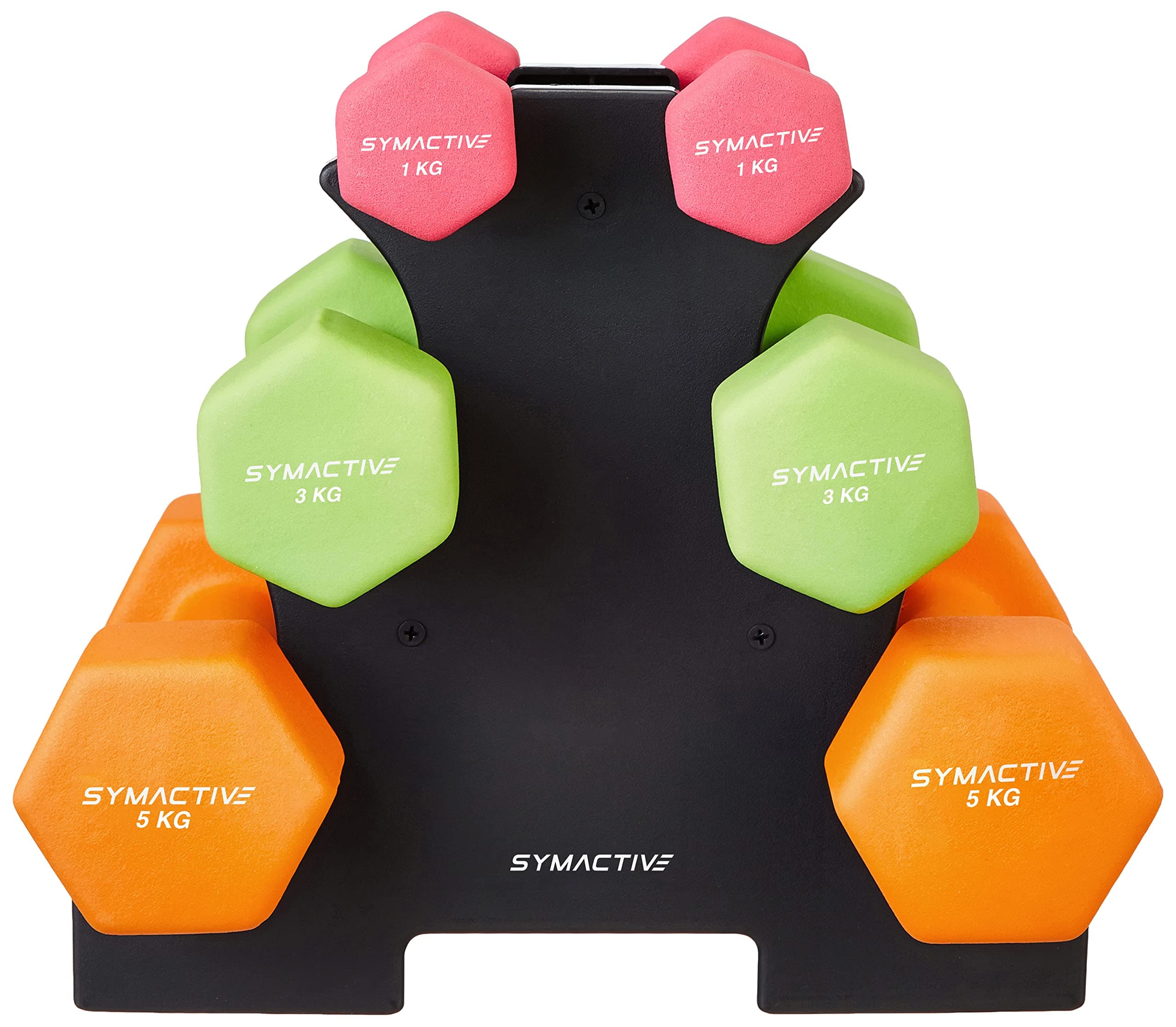 Amazon Brand - Symactive Neoprene Coated Dumbbell Combo Multi Colour with Stand 18 Kg, Set of 2 (1 Kg, 3 Kg, 5 Kg)