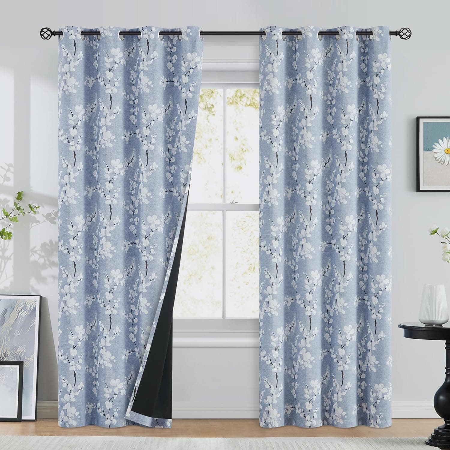 BFAM Floral Print 100% Blackout Curtain with Black Linning at Back, Floral Print Curtains for Living Room/Bedroom Thermal Insulated Energey Saving Blossom Curtain, Pack of 1 Curtain