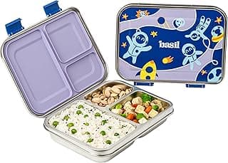 Basil Bento Box Neo 2025 - New & Improved, Easy to Open & Close 1000ml 3-Compartment Stainless Steel Lunch Box for Kids | Leak-Proof Tiffin Box for School - Super Swoosh