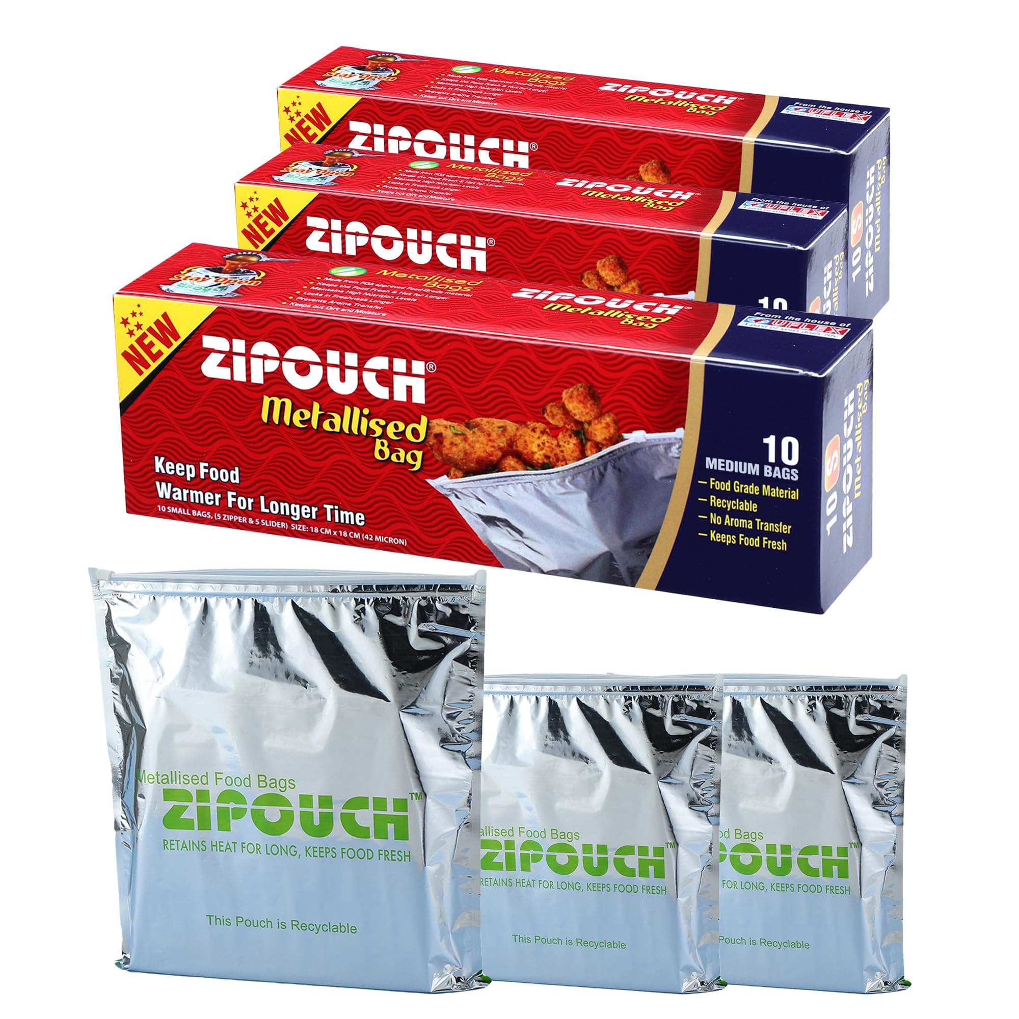 ZIPOUCH Metallised foil sealed bags (Pack of 3) (2 Small + 1 Medium) | Reusable Zip Lock Bag for Fridge & Freezer | Aluminum Zip lock Bag | Foil Fresh Keeping Pouches | Microwave safe