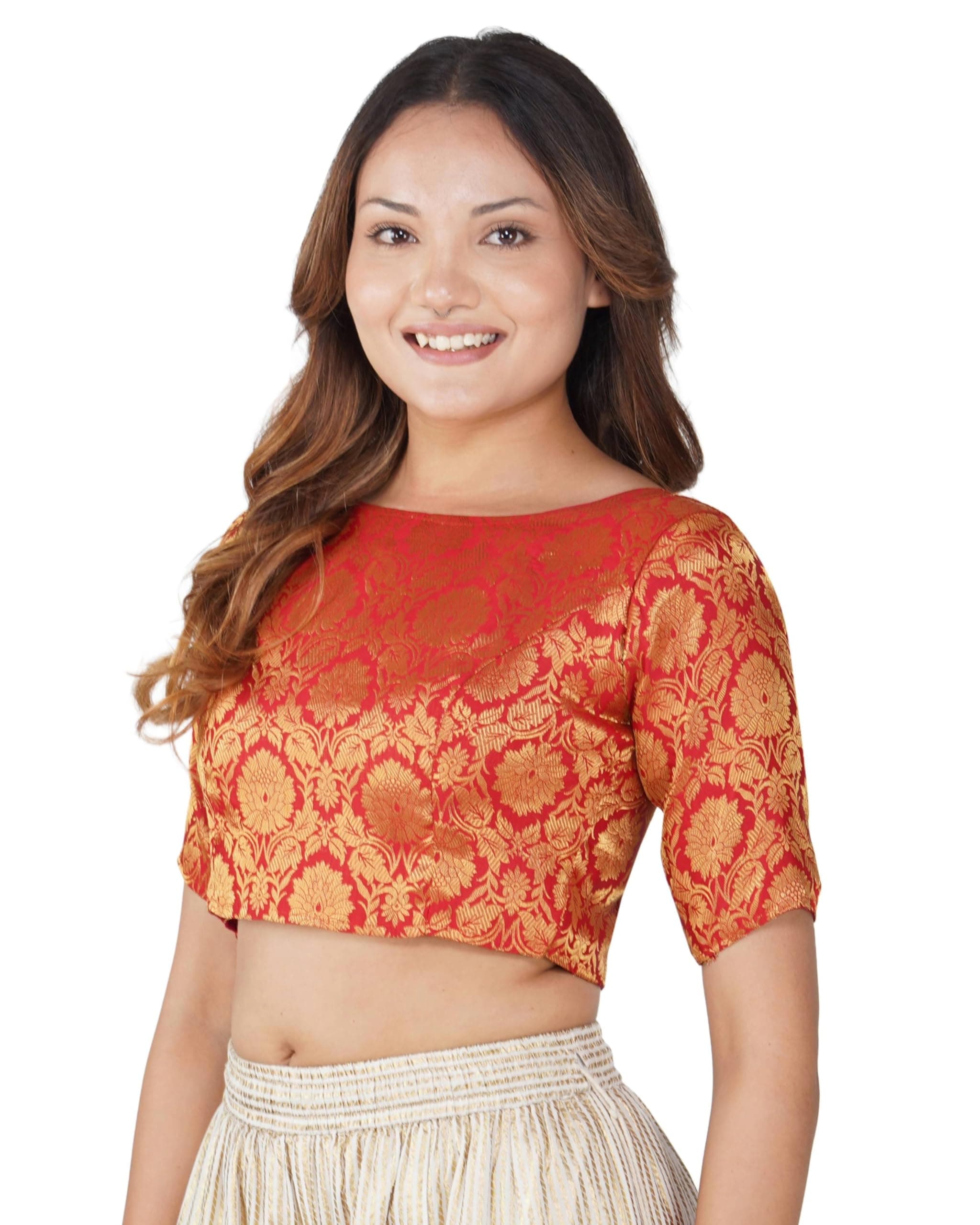 Fressia Fabrics Women's Jacquard Boat Neck Readymade Blouse for Women (903_Master)