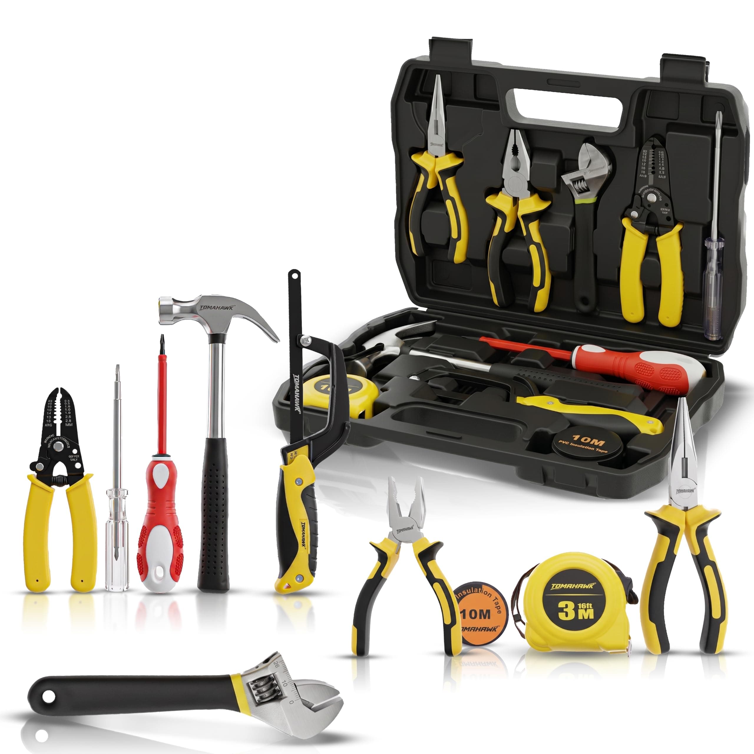 TOMAHAWK® ELE-1110 10-Piece Electrician Hand Tool Kit | 2 x Pliers, Hacksaw, Measuring Tape, Tester, Wire Stripper, Adjustable Spanner, Insulating Tape, 2 in 1 Screwdriver, Claw Hammer with Toolbox