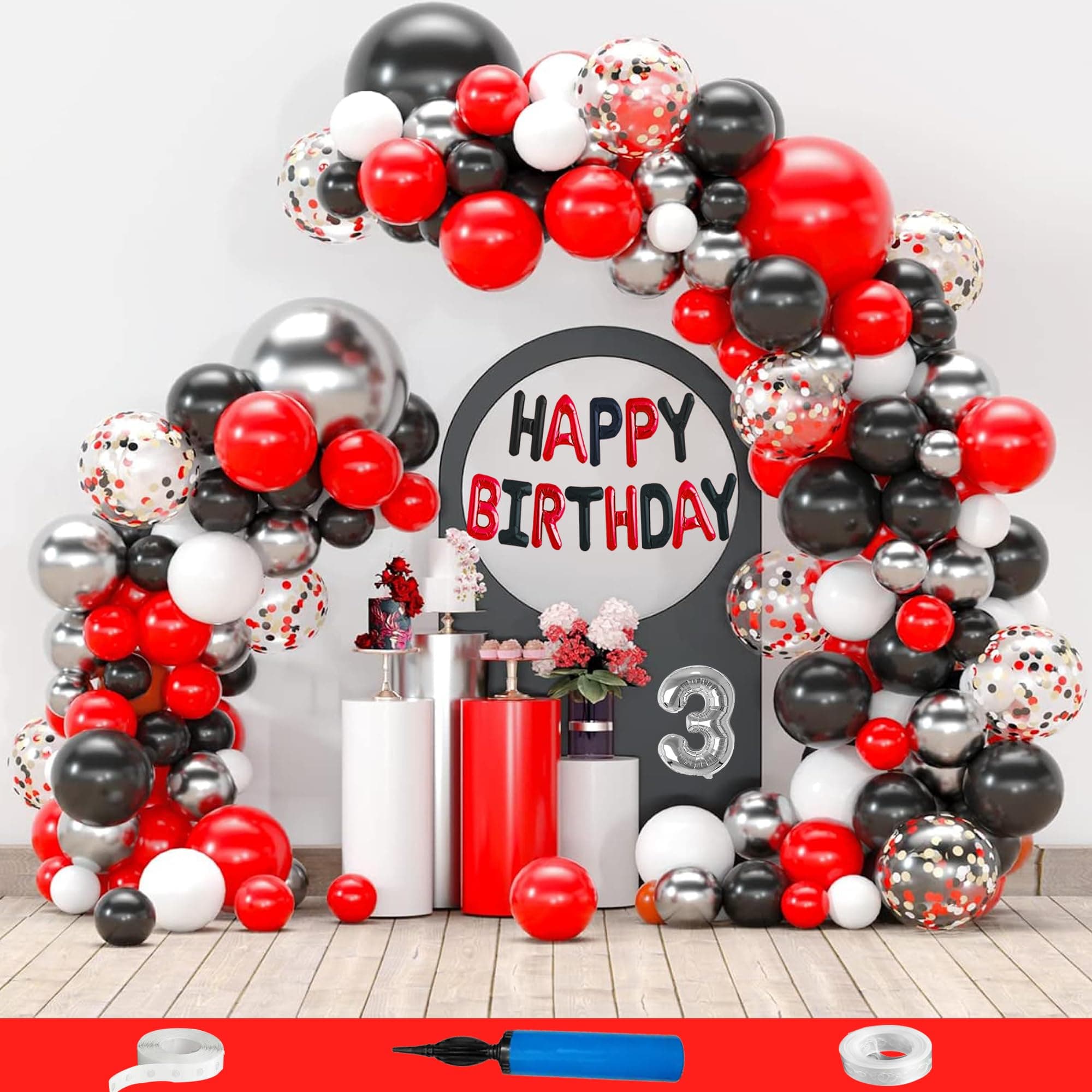 CRAZYKART Balloon Theme Third 3rd Birthday Decoration Items For Girls Party Decoration Kit Balloon Combo Pack Of 110 Pcs Red