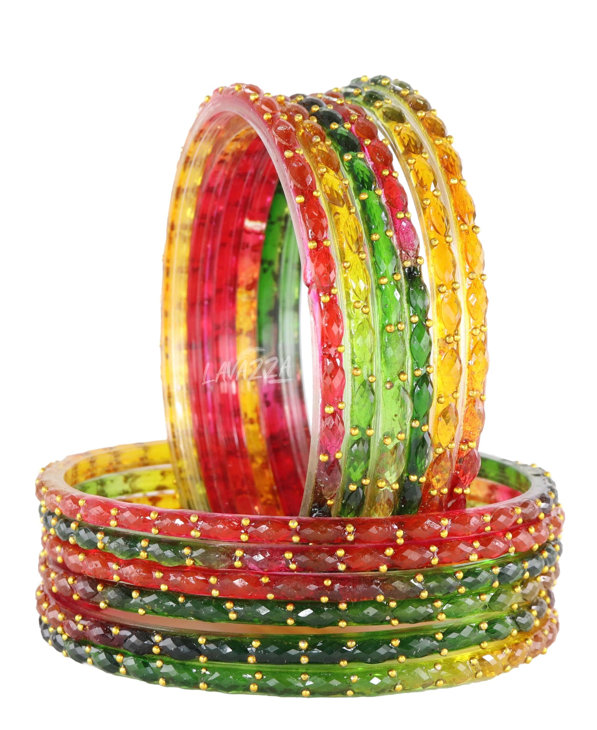 LAVAZZA Raindrop Glass Bangles Set For Women & Girls with Zircon Diamond Stone & Beads | Trendy Transparent Crystal Glass Bangles | Fancy Kanch ki Chudi Set | Bangles for Wedding, Party- Set of 12